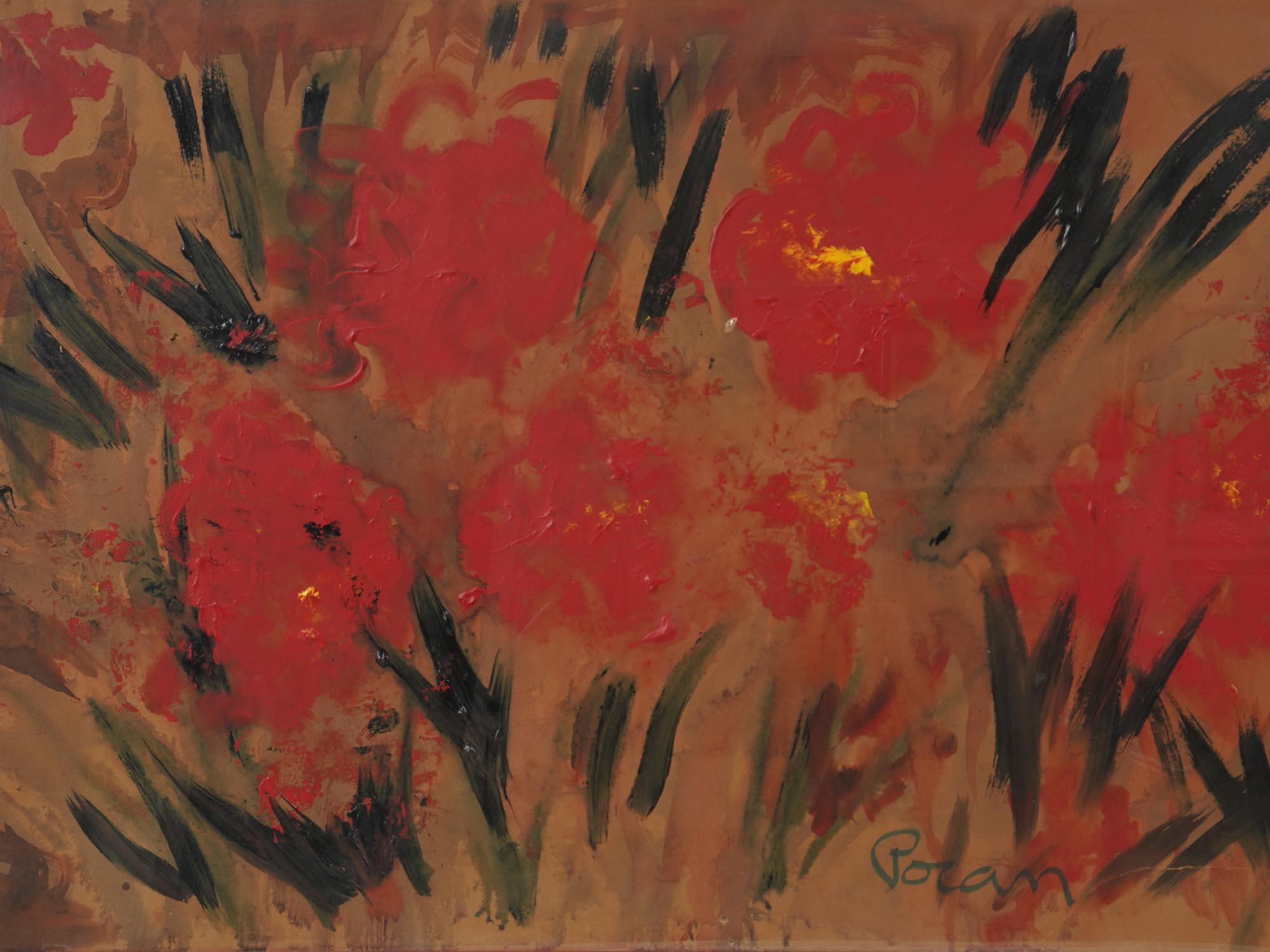 ABSTRACT OIL PAINTING RED FLOWER SIGNED BY GORAN PIC-1