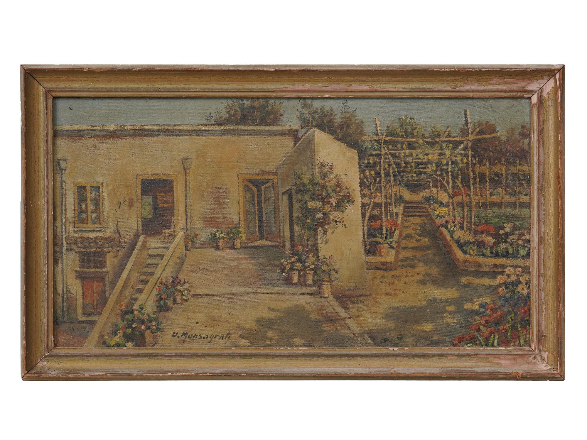 ITALIAN OIL PAINTING VILLAGE SIGNED BY MONSAGRATI PIC-0