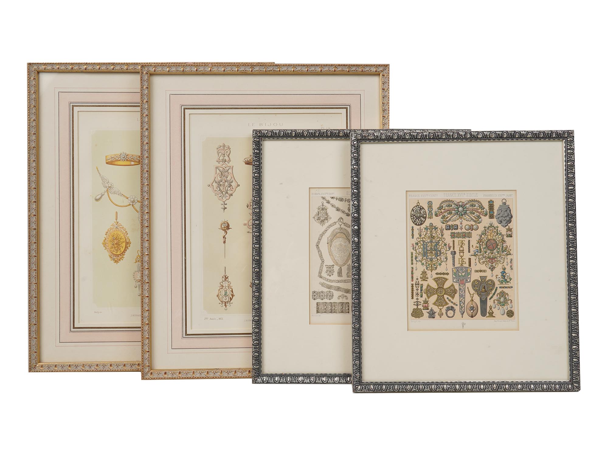 FOUR ANTIQUE FRAMED FRENCH JEWELRY DESIGNS PRINTS