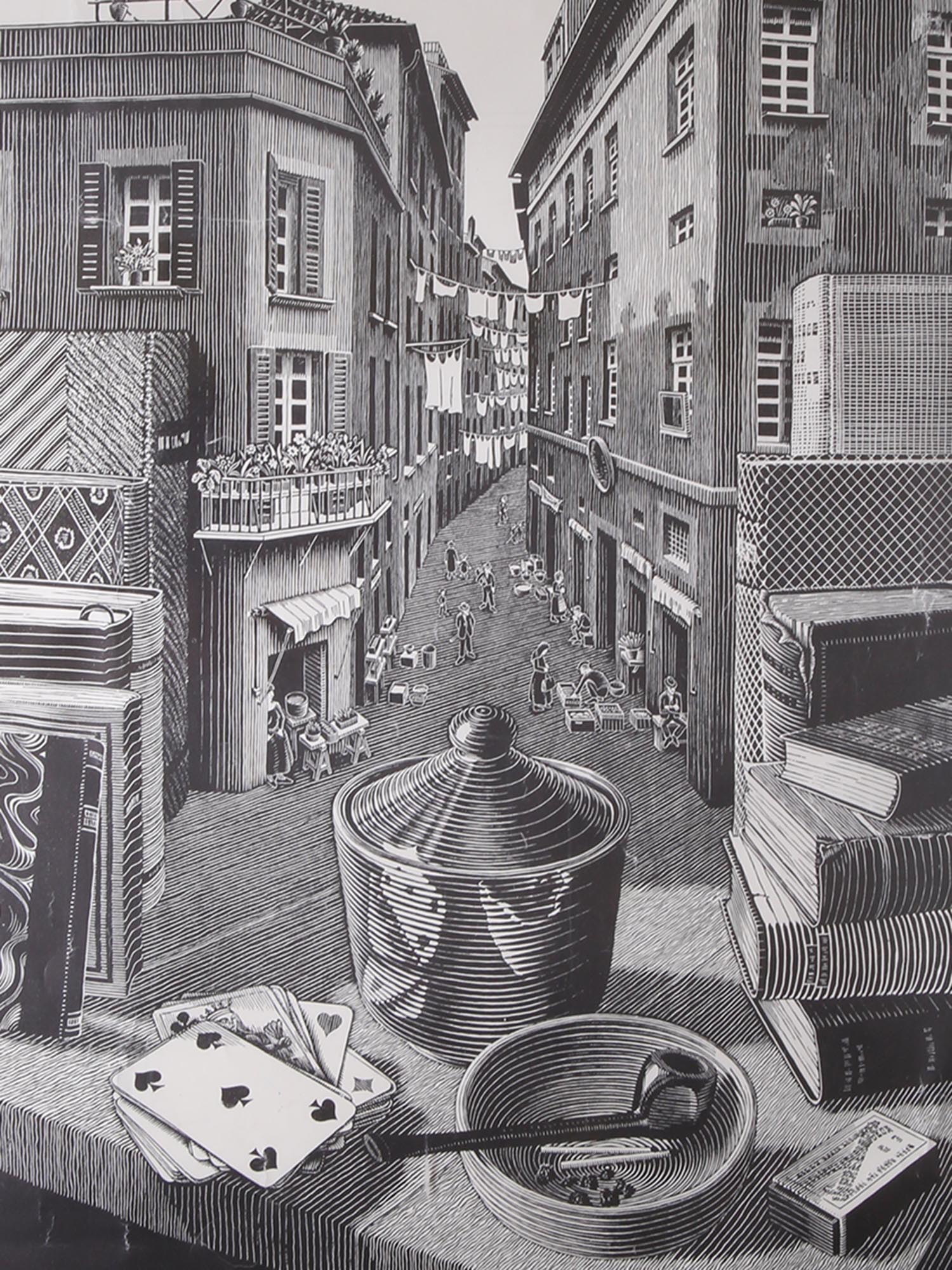 DUTCH WOODCUT PRINT STILL LIFE STREET BY M ESCHER PIC-1