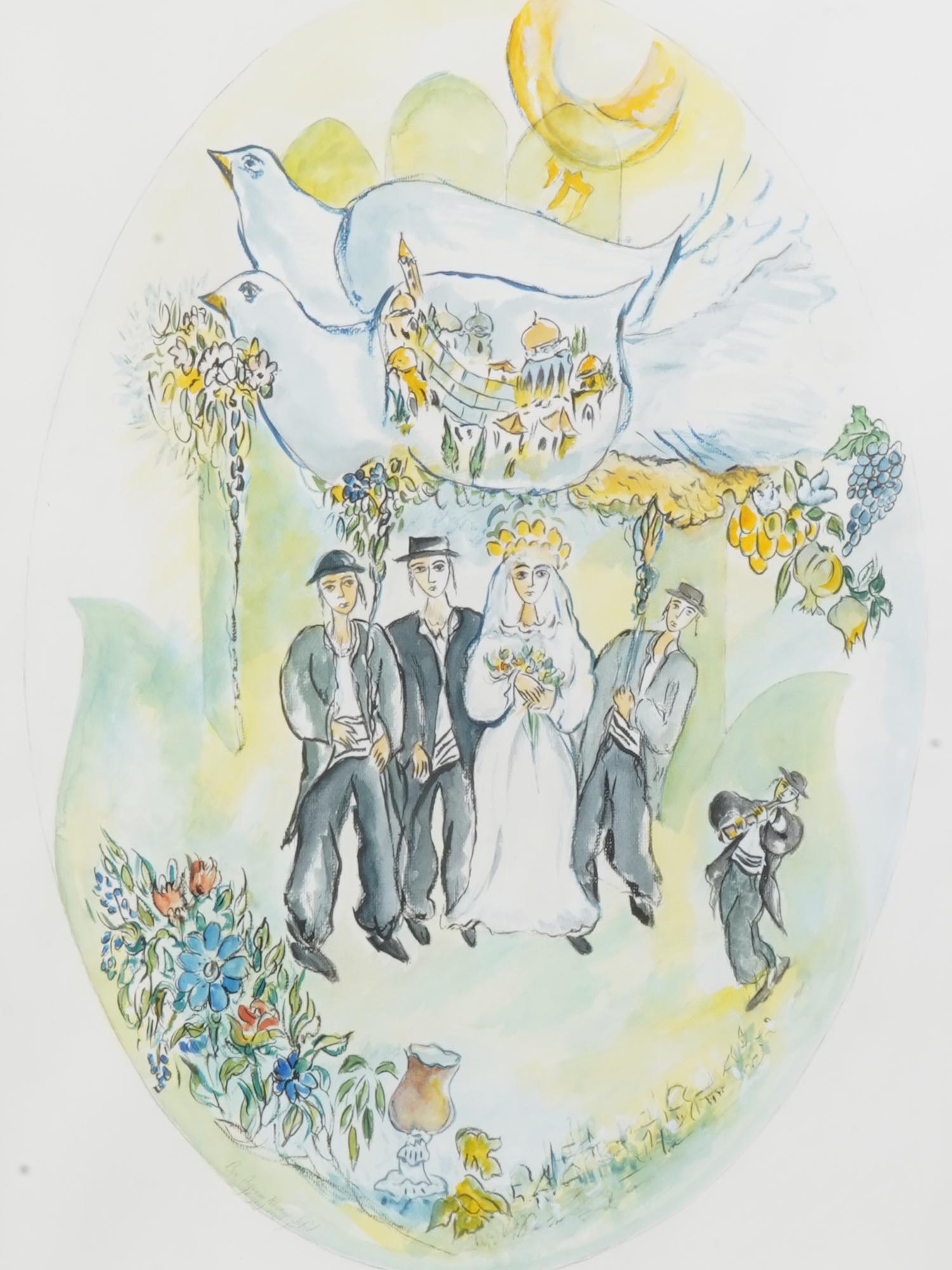 WATERCOLOR PAINTING JEWISH WEDDING BY BEN AVRAM PIC-1