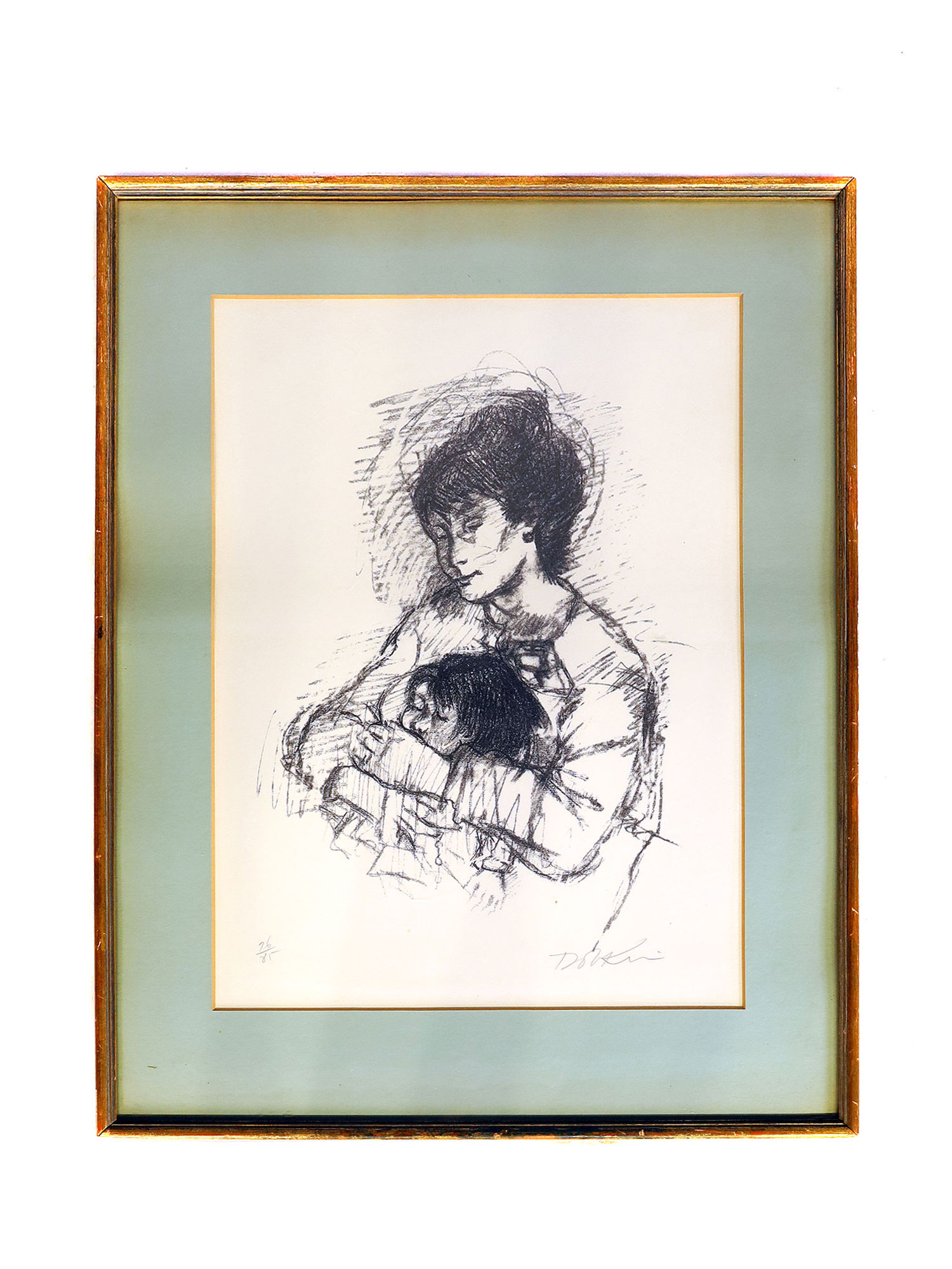 A SIGNED PRINT DEPICTING MOTHER WITH CHILD PIC-0