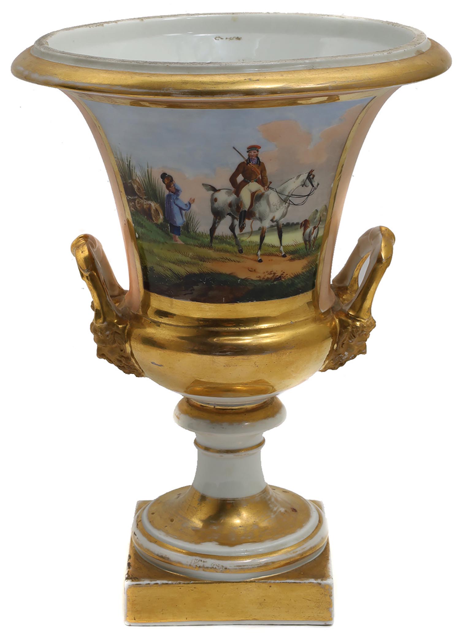 A VIENNA PORCELAIN CRATER VASE 19 C. WITH RUSSIAN COSSACKS PIC-0