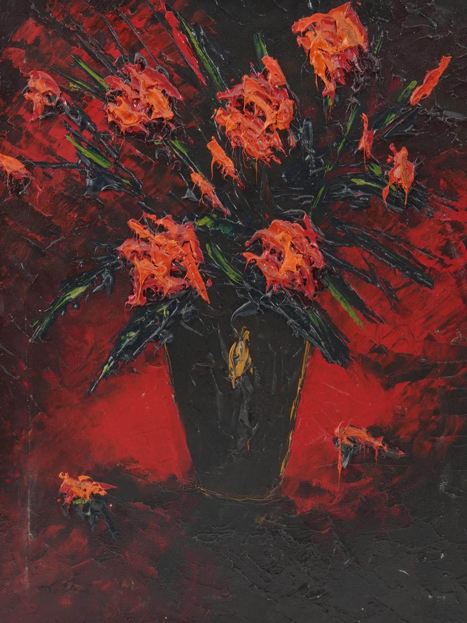 STILL LIFE IMPASTO PAINTING RED FLOWERS SIGNED PIC-1