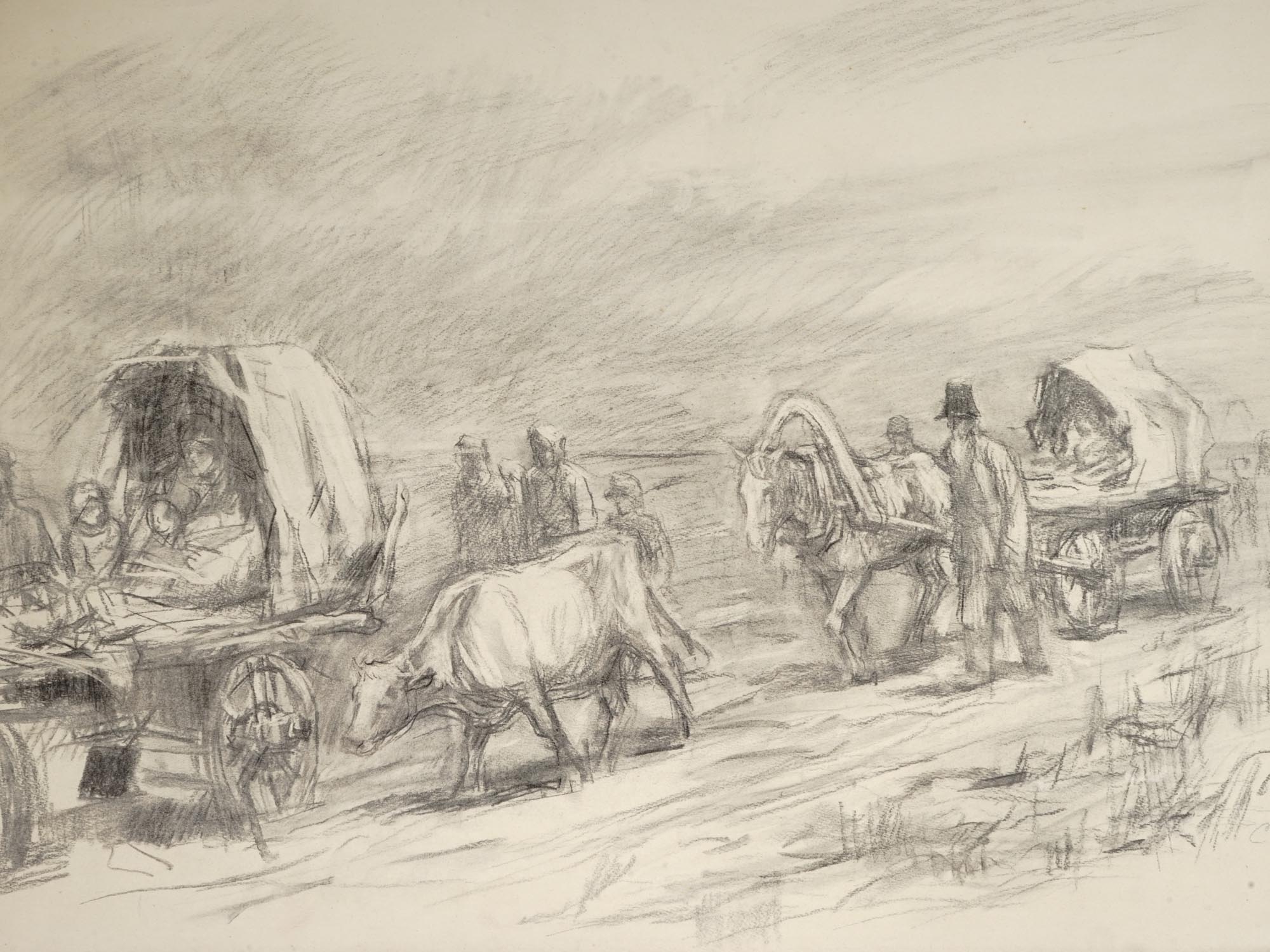 RUSSIAN CHARCOAL DRAWING SETTLERS BY SOLOMON BOIM PIC-1