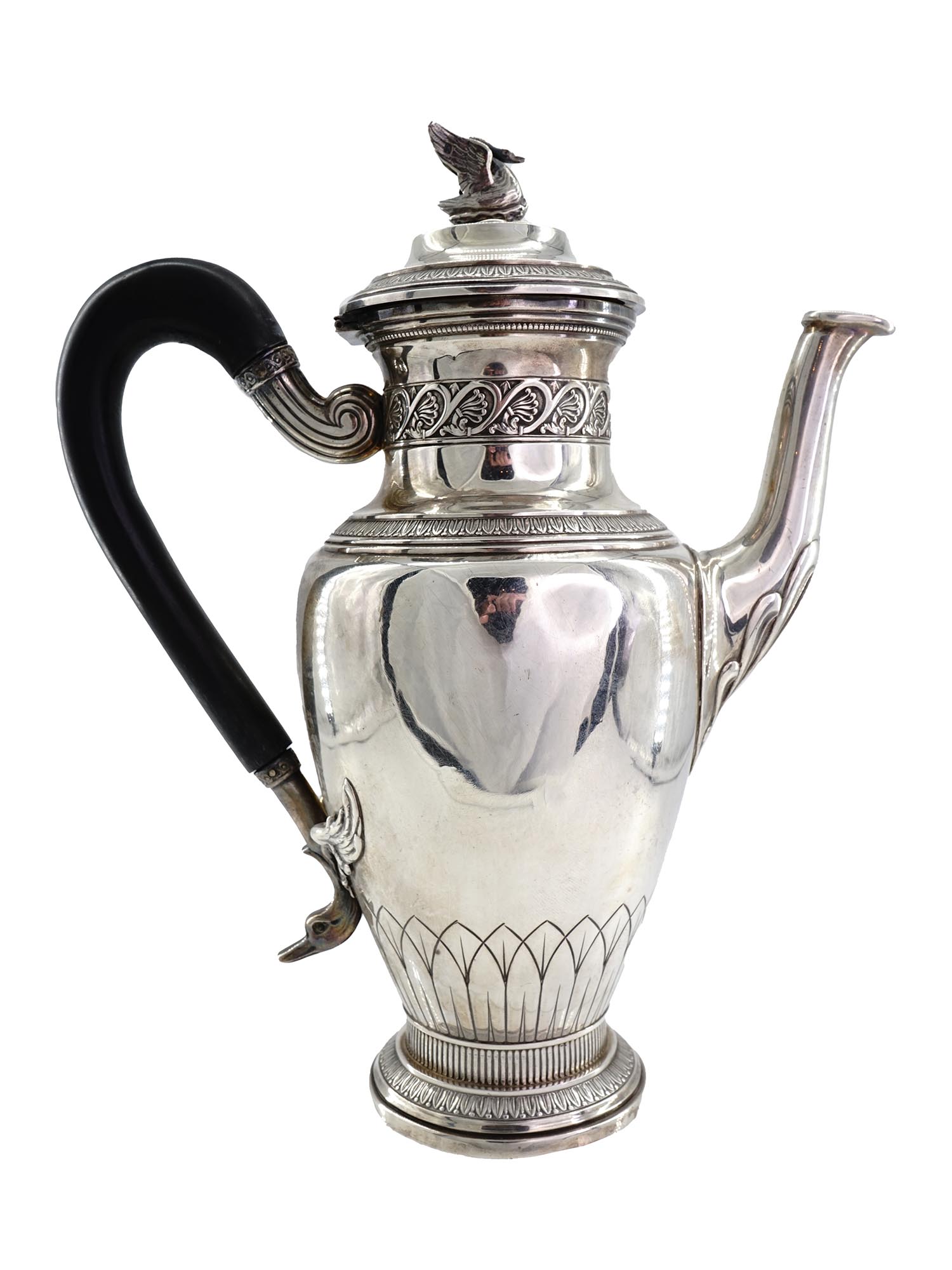 ANTIQUE FRENCH SILVER COFFEE POT W EBONY HANDLE PIC-0