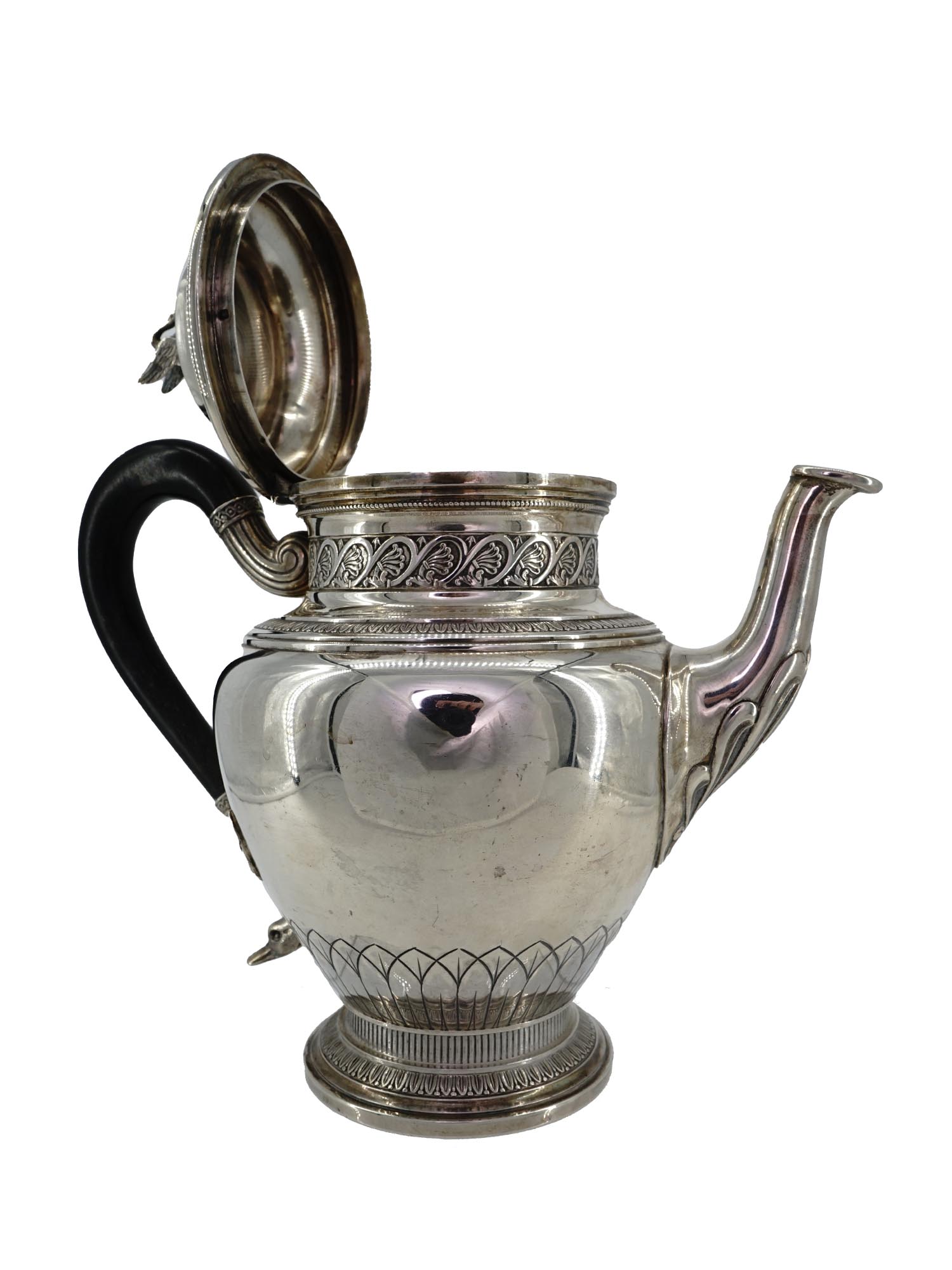 ANTIQUE FRENCH SILVER TEA POT WITH EBONY HANDLE PIC-4