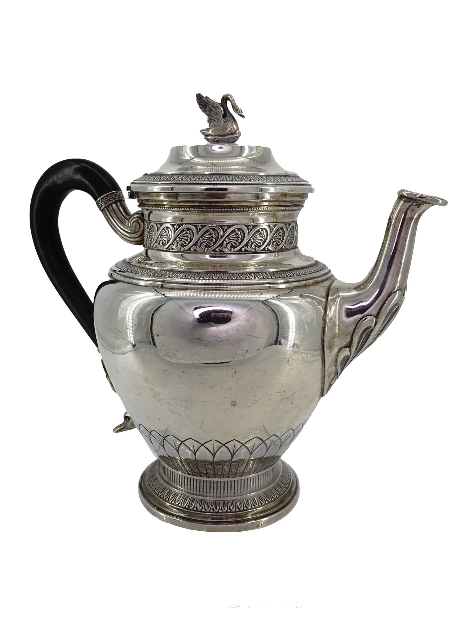 ANTIQUE FRENCH SILVER TEA POT WITH EBONY HANDLE PIC-0