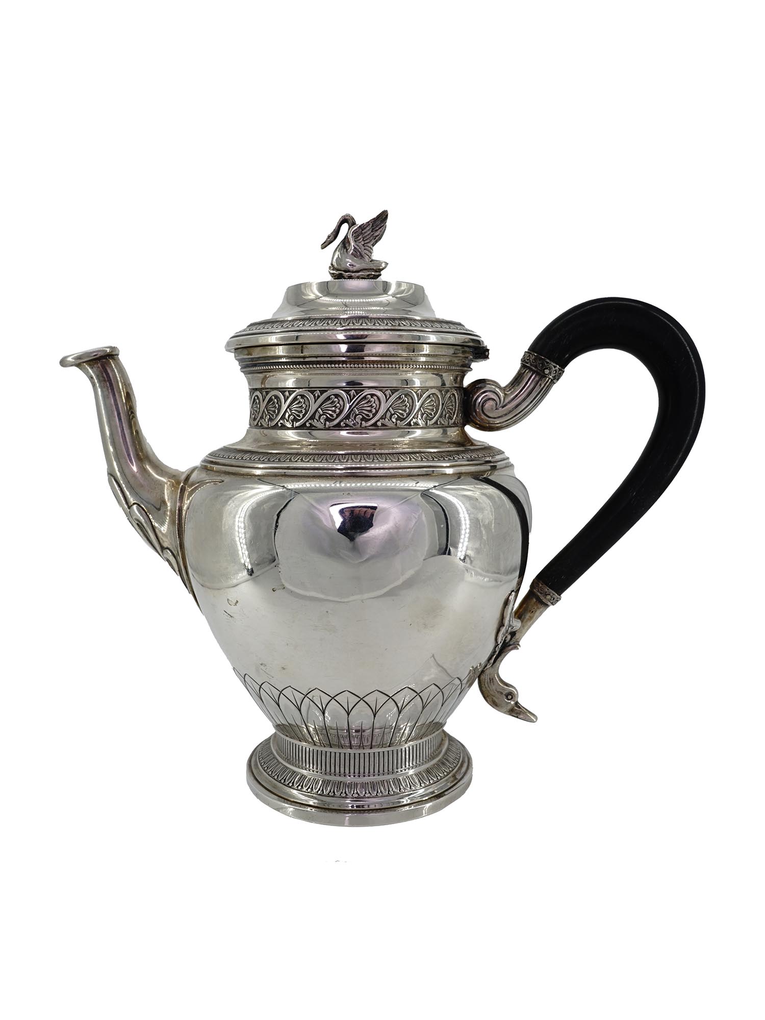 ANTIQUE FRENCH SILVER TEA POT WITH EBONY HANDLE PIC-3