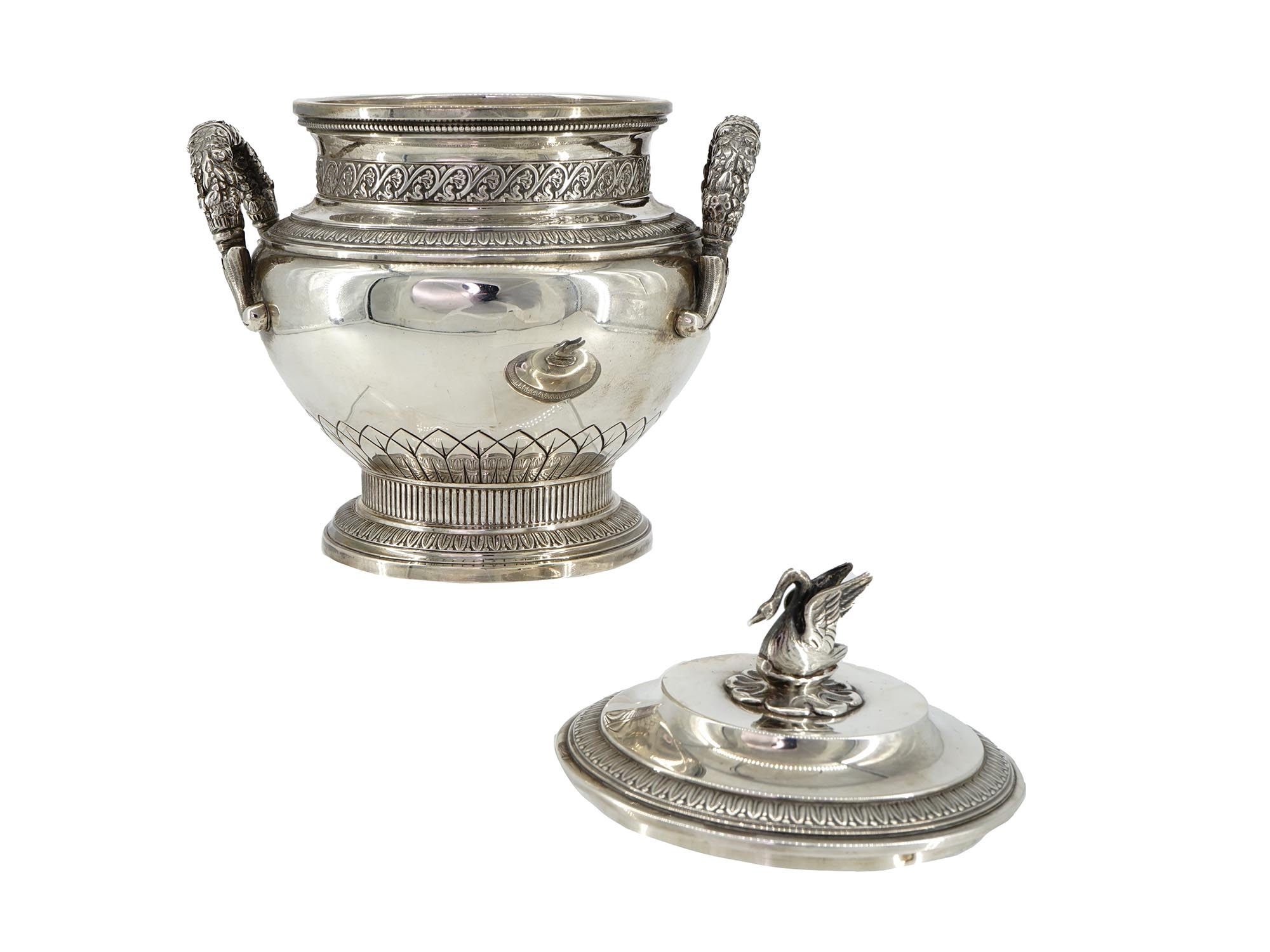 ANTIQUE FRENCH SILVER LIDDED SUGAR BOWL WITH SWAN PIC-3