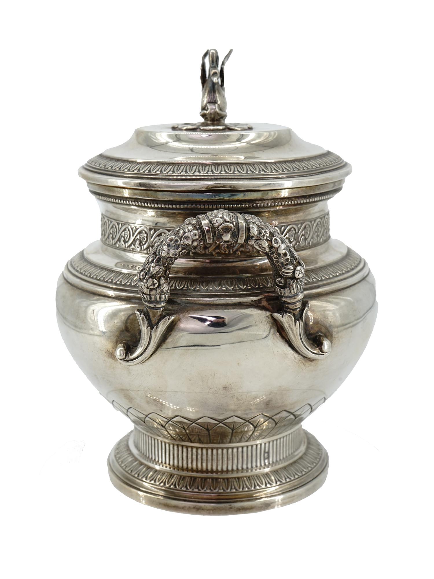 ANTIQUE FRENCH SILVER LIDDED SUGAR BOWL WITH SWAN PIC-1