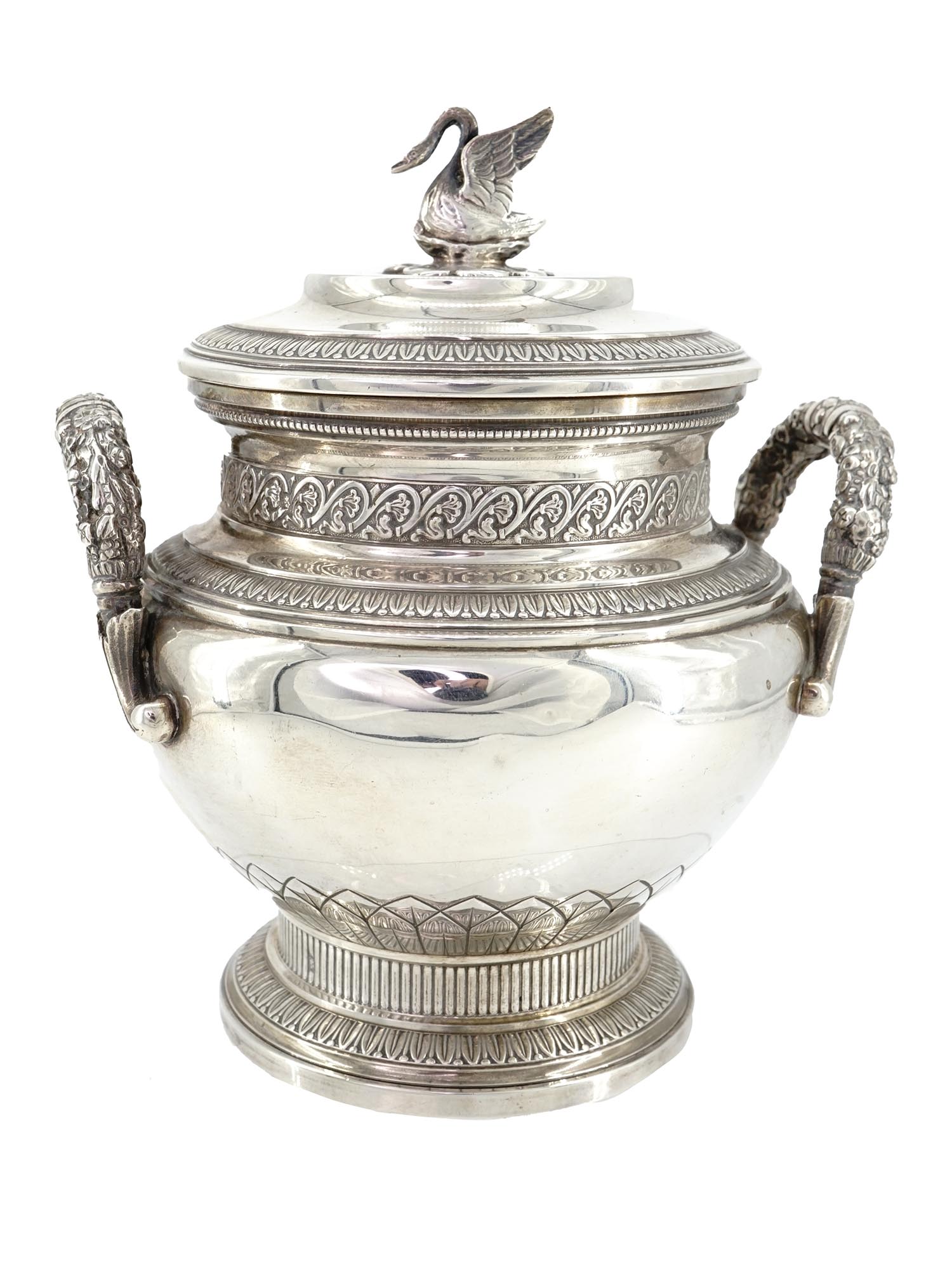 ANTIQUE FRENCH SILVER LIDDED SUGAR BOWL WITH SWAN PIC-0