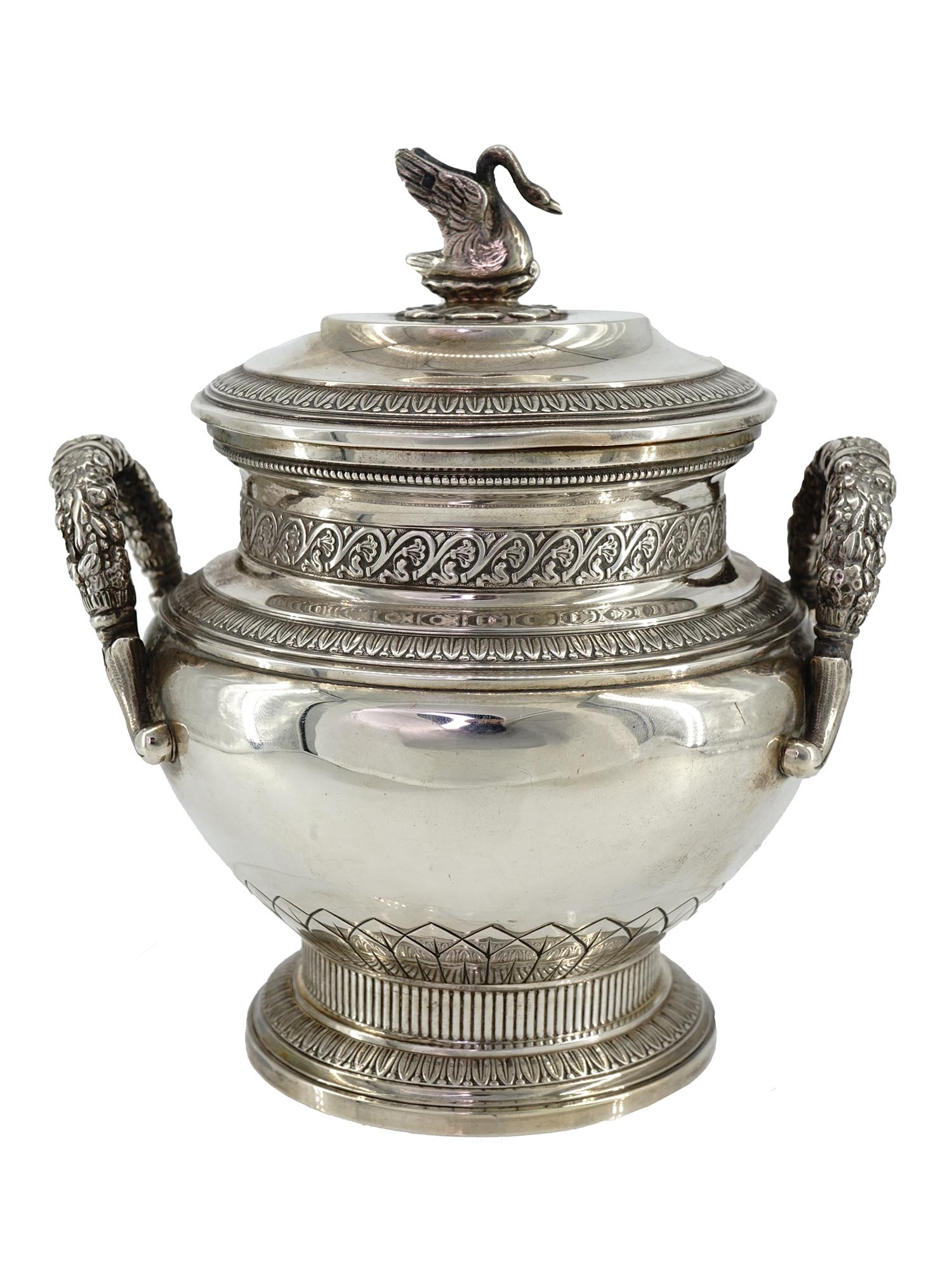 ANTIQUE FRENCH SILVER LIDDED SUGAR BOWL WITH SWAN PIC-2