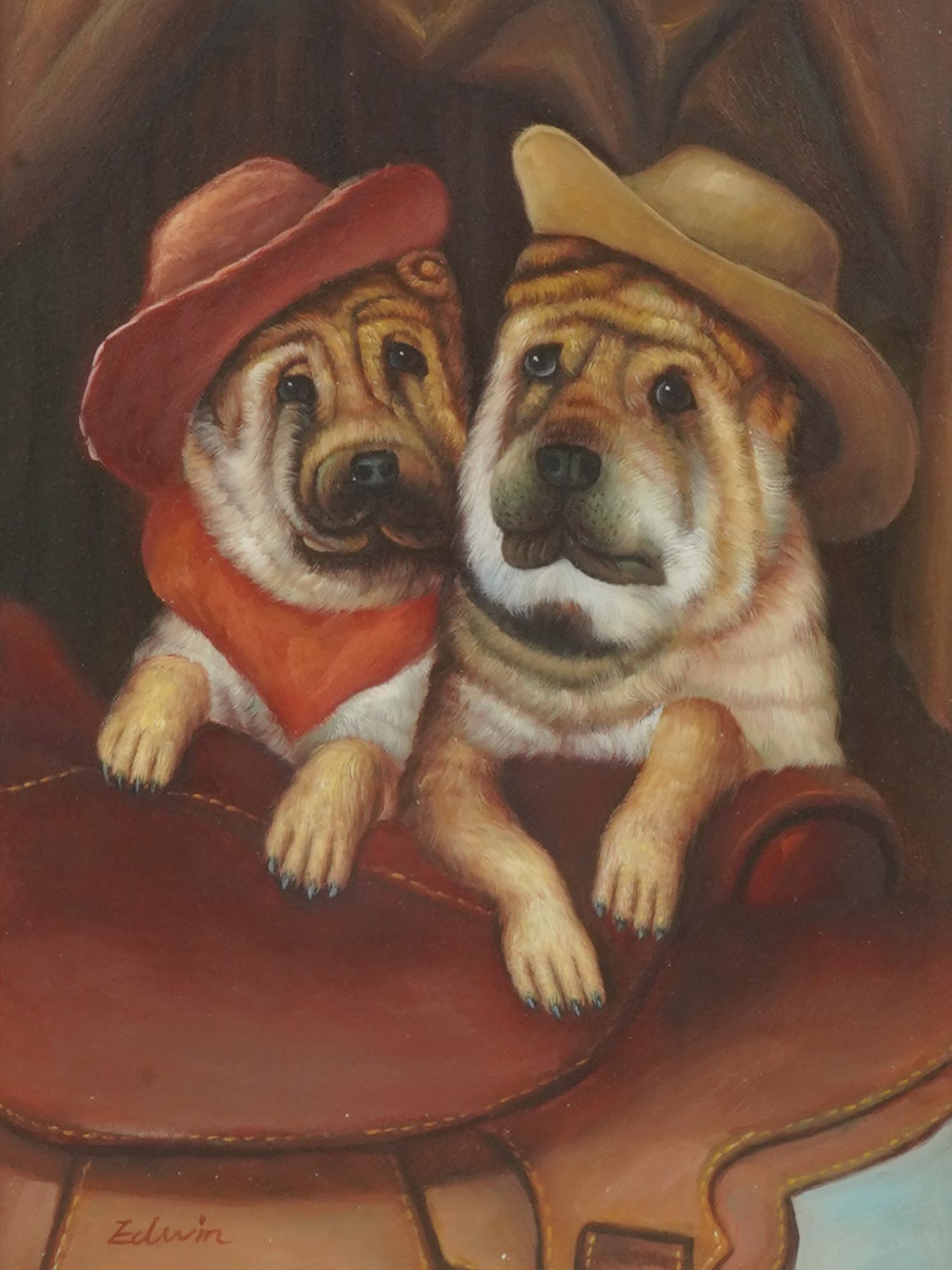 TWO DOGS IN COWBOY HATS OIL PAINTING SIGNED EDWIN PIC-1