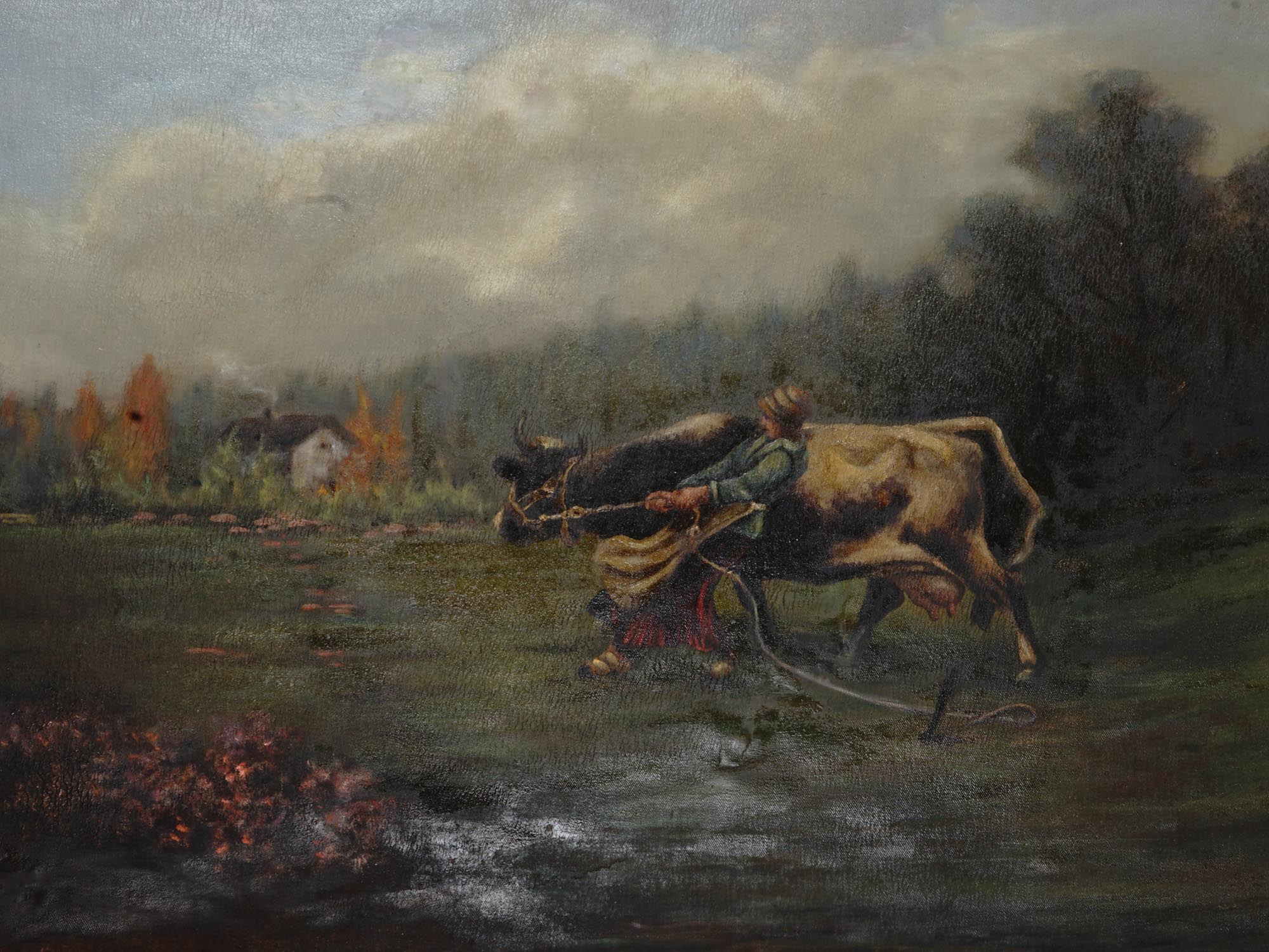 ANTIQUE 19 C PAINTING OF A WOMAN PULLING A COW PIC-1