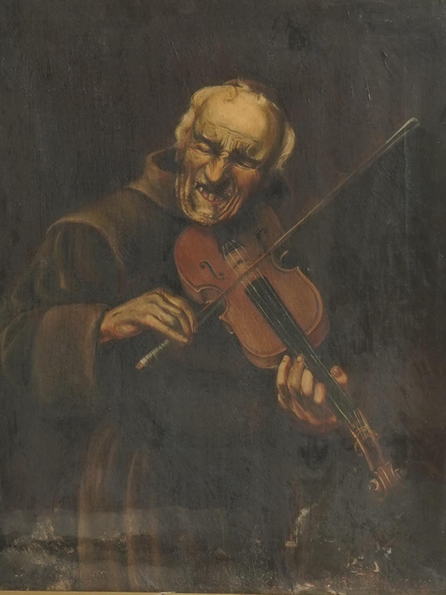 ANTIQUE 19 C PAINTING MONK PLAYING VIOLIN SIGNED PIC-1