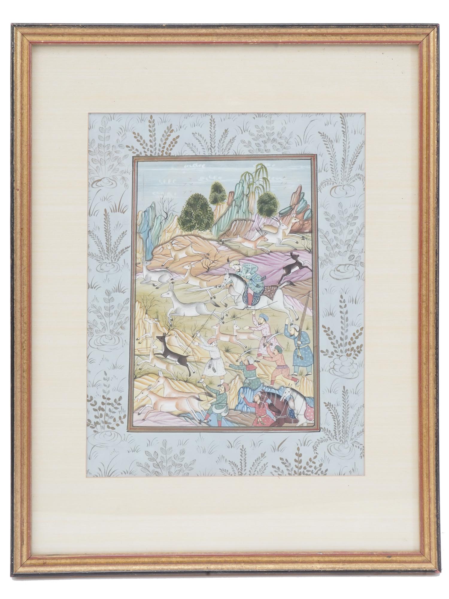 FRAMED PERSIAN MINIATURE PRINT OF HUNTING SCENE PIC-0