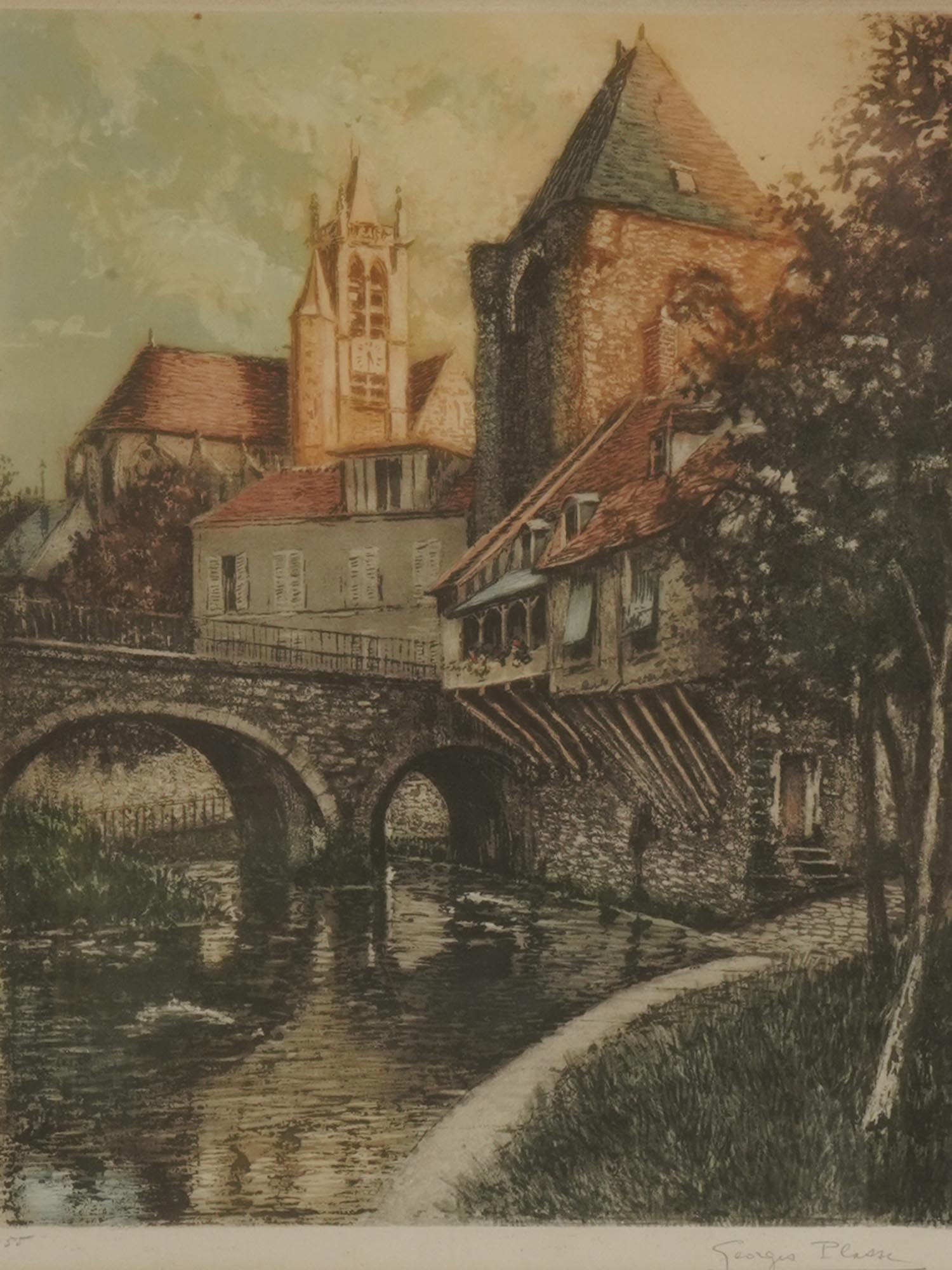 FRENCH BRIDGE COLORED ETCHING BY GEORGES PLASSE PIC-1