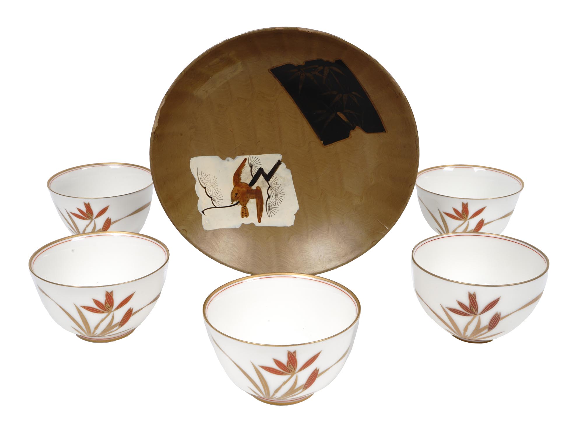 JAPANESE LACQUER BOWL PORCELAIN CUPS SET OF 6 PCS PIC-