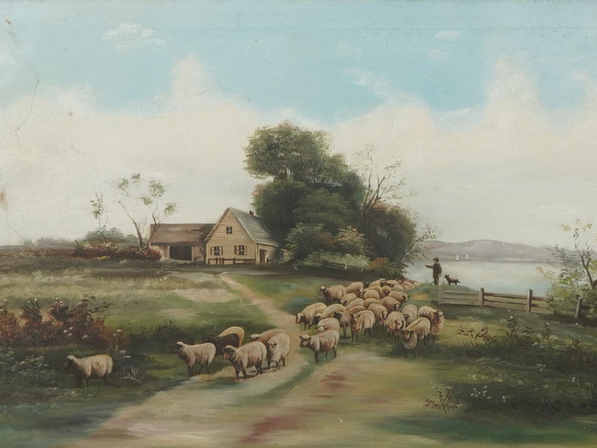 MID CENTURY VILLAGE HOUSE WITH SHEEP PAINTING PIC-1
