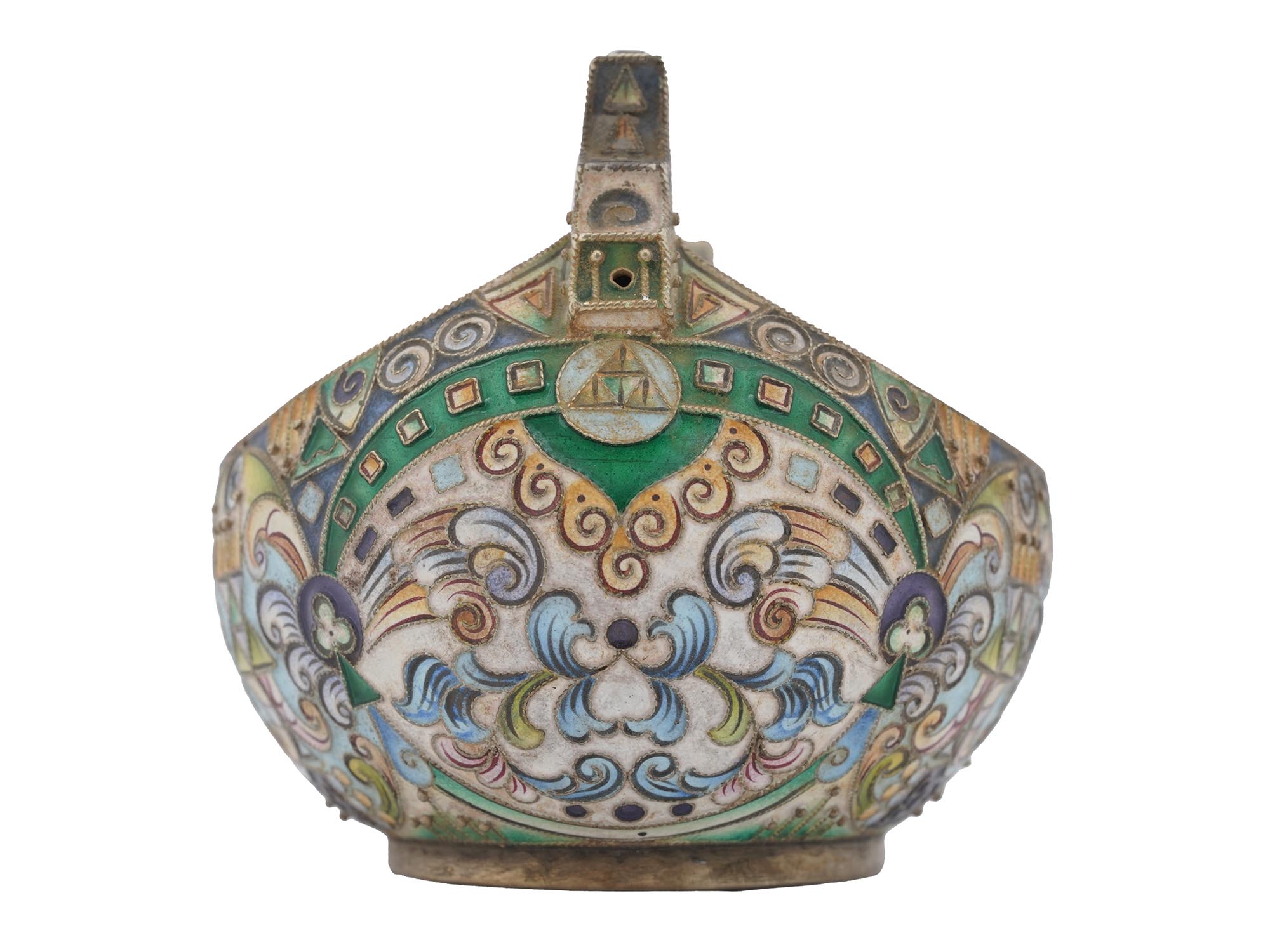 RUSSIAN SILVER AND POLYCHROME ENAMEL KOVSH LADLE PIC-4