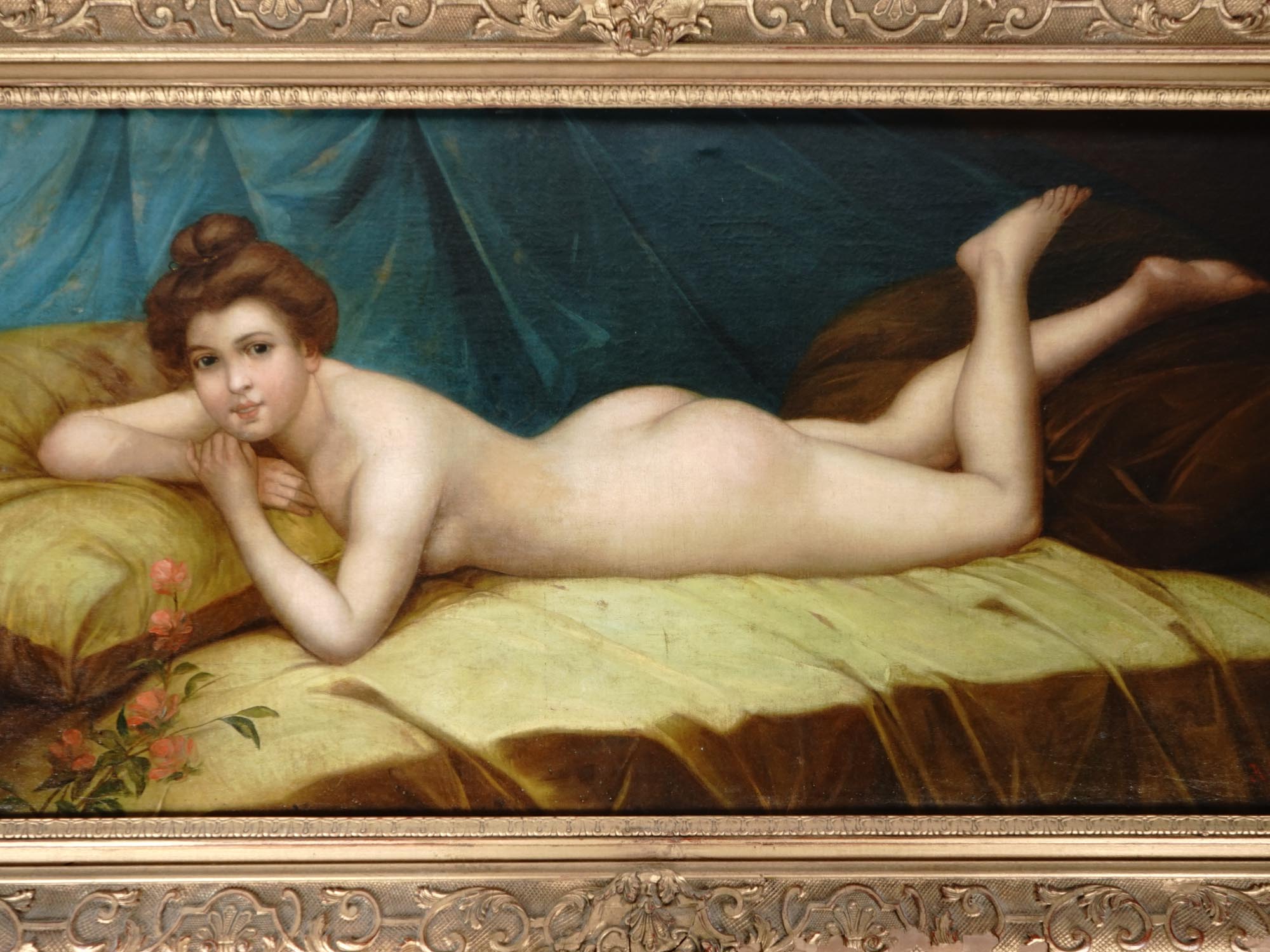 ANTIQUE NUDE WOMAN IN BED PAINTING BY H. WALDECK PIC-1