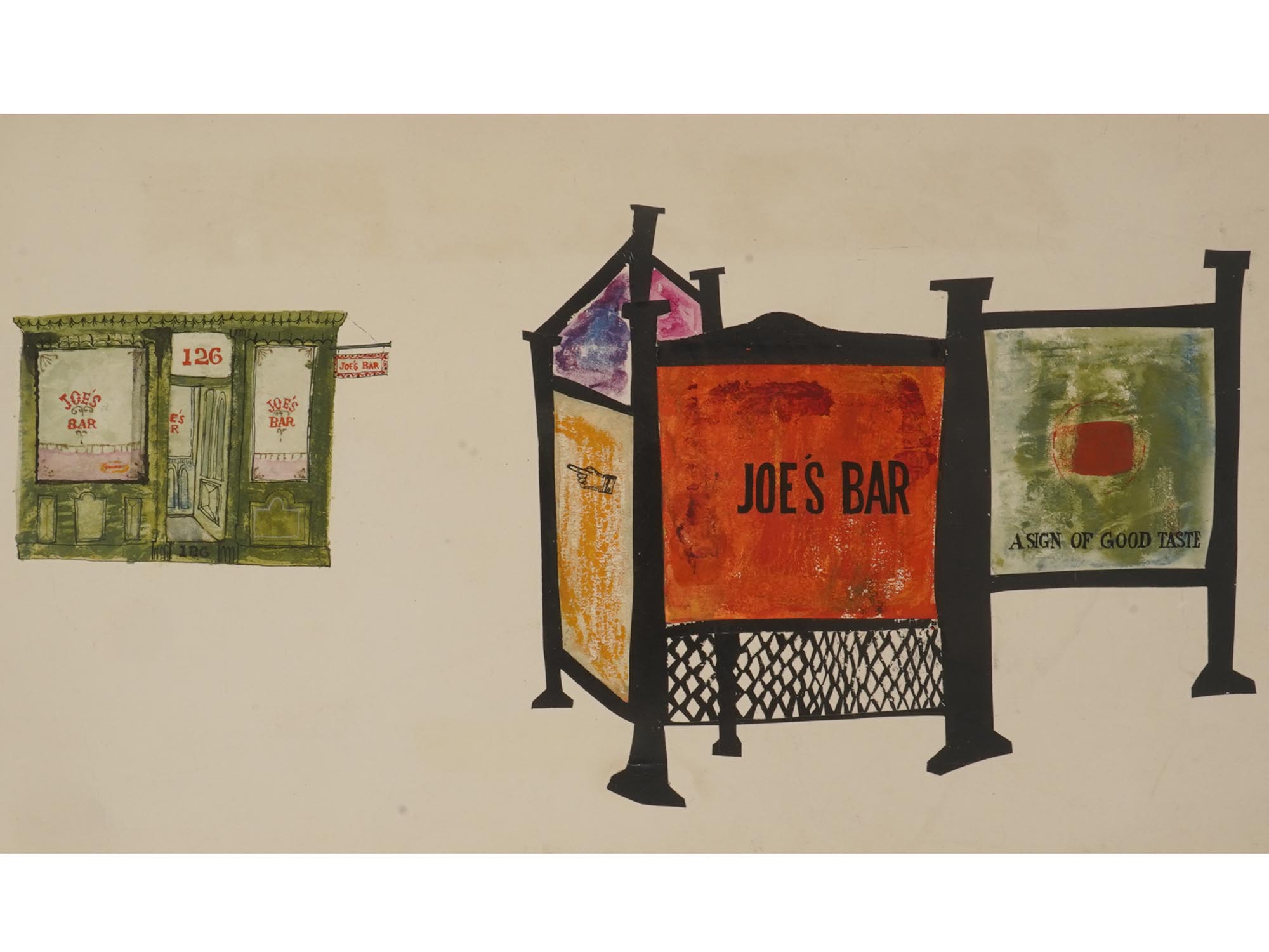 GOUACHE ON PAPER PAINTING JOES BAR ADVERTISEMENT PIC-1
