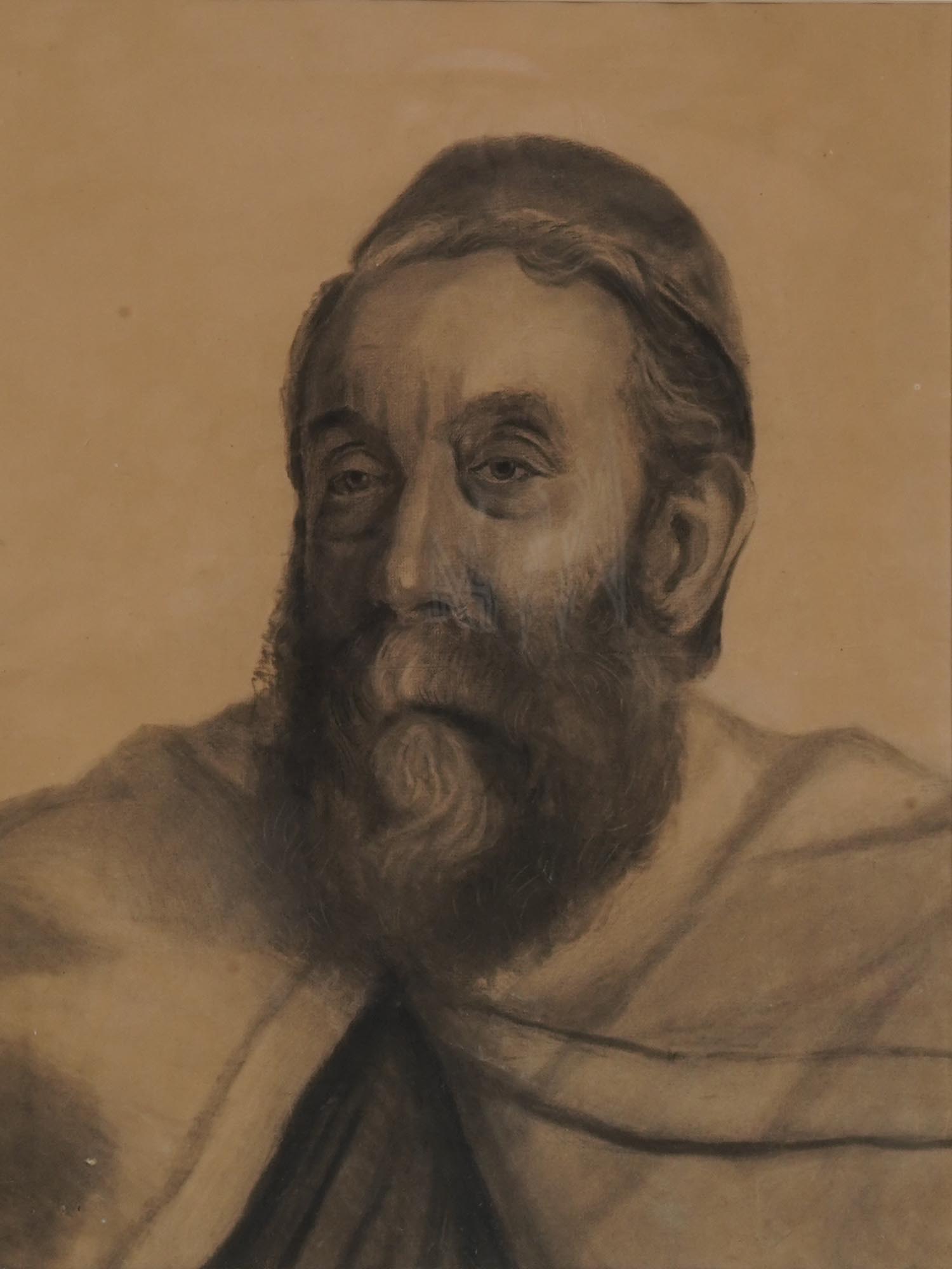 FRAMED PENCIL DRAWING PORTRAIT OF A JEWISH RABBI PIC-0