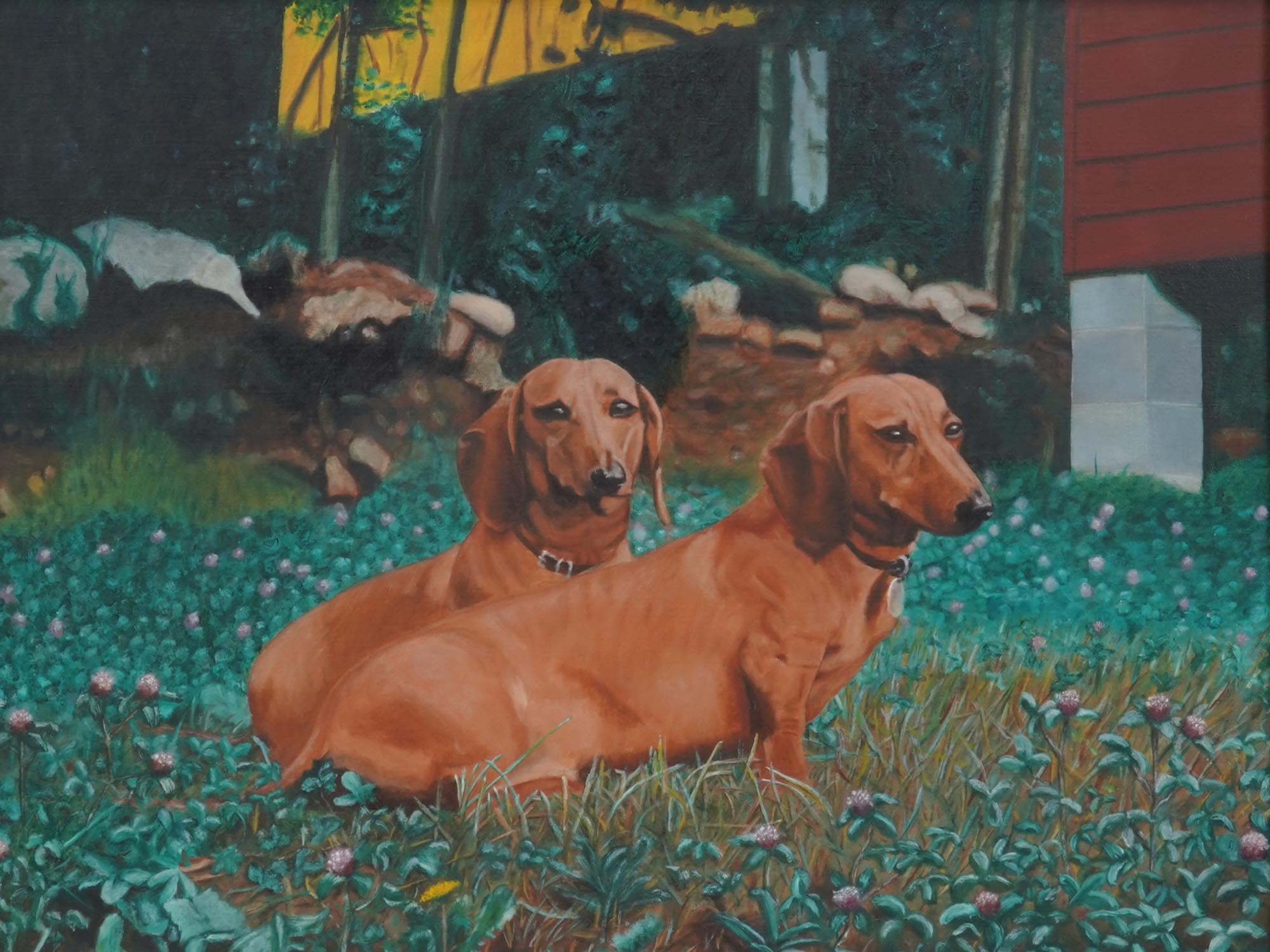 AMERICAN SCHOOL DOGS PORTRAIT OIL PAINTING SIGNED PIC-1