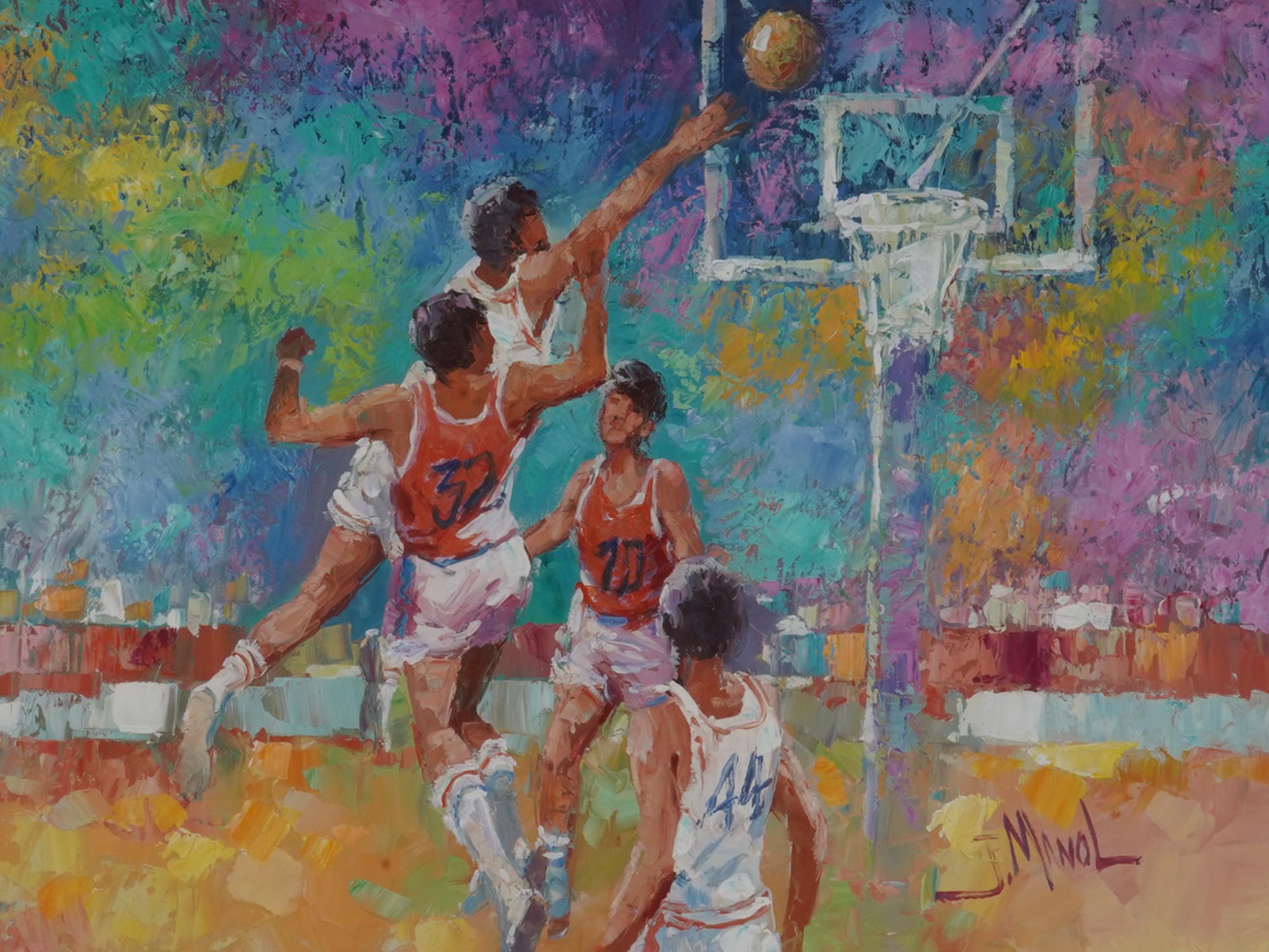 MID CENTURY BASKETBALL PAINTING BY JOHN MANOL PIC-1