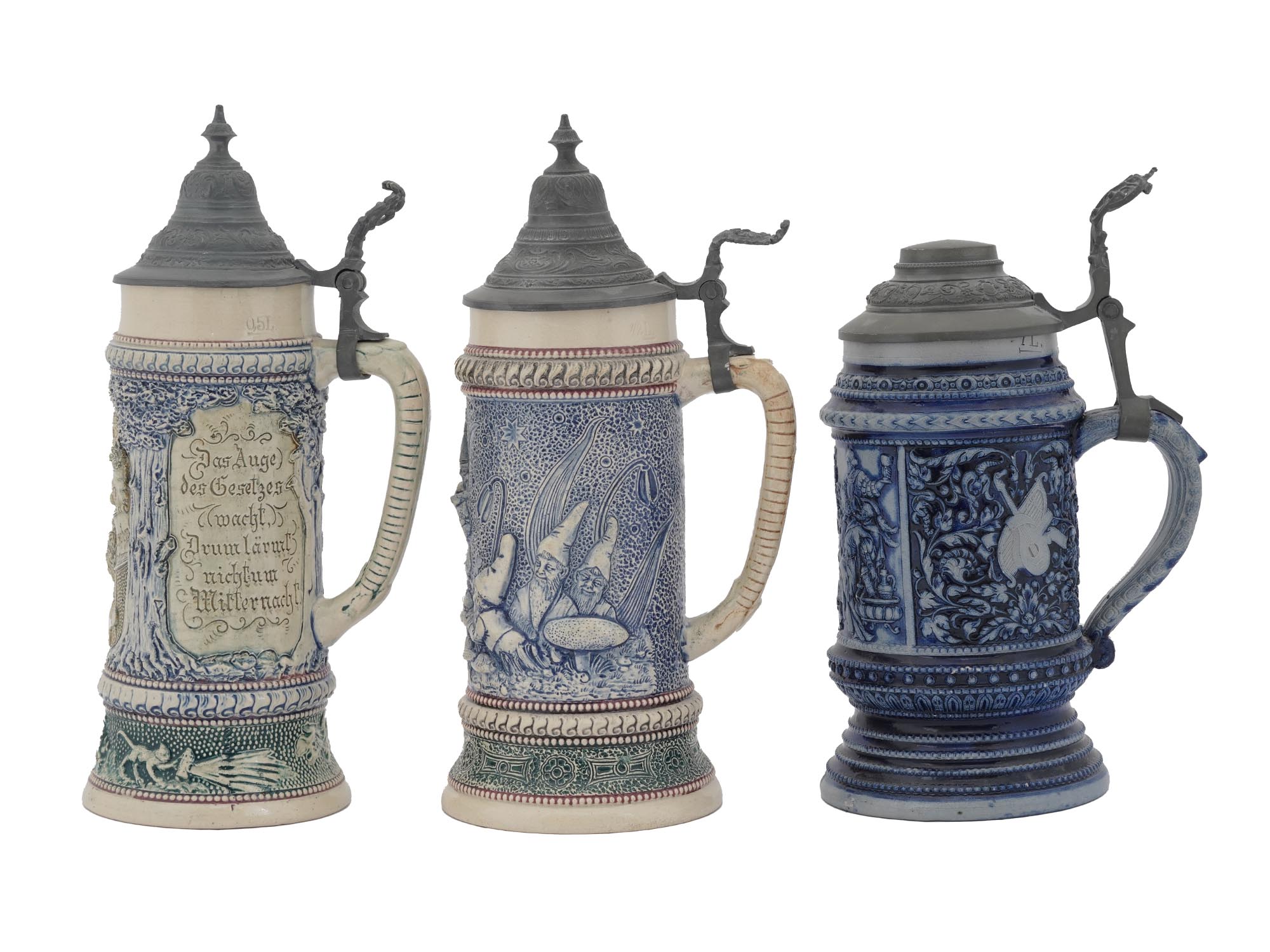 THREE MID CENT GERMAN BLUE AND WHITE BEER STEINS PIC-2