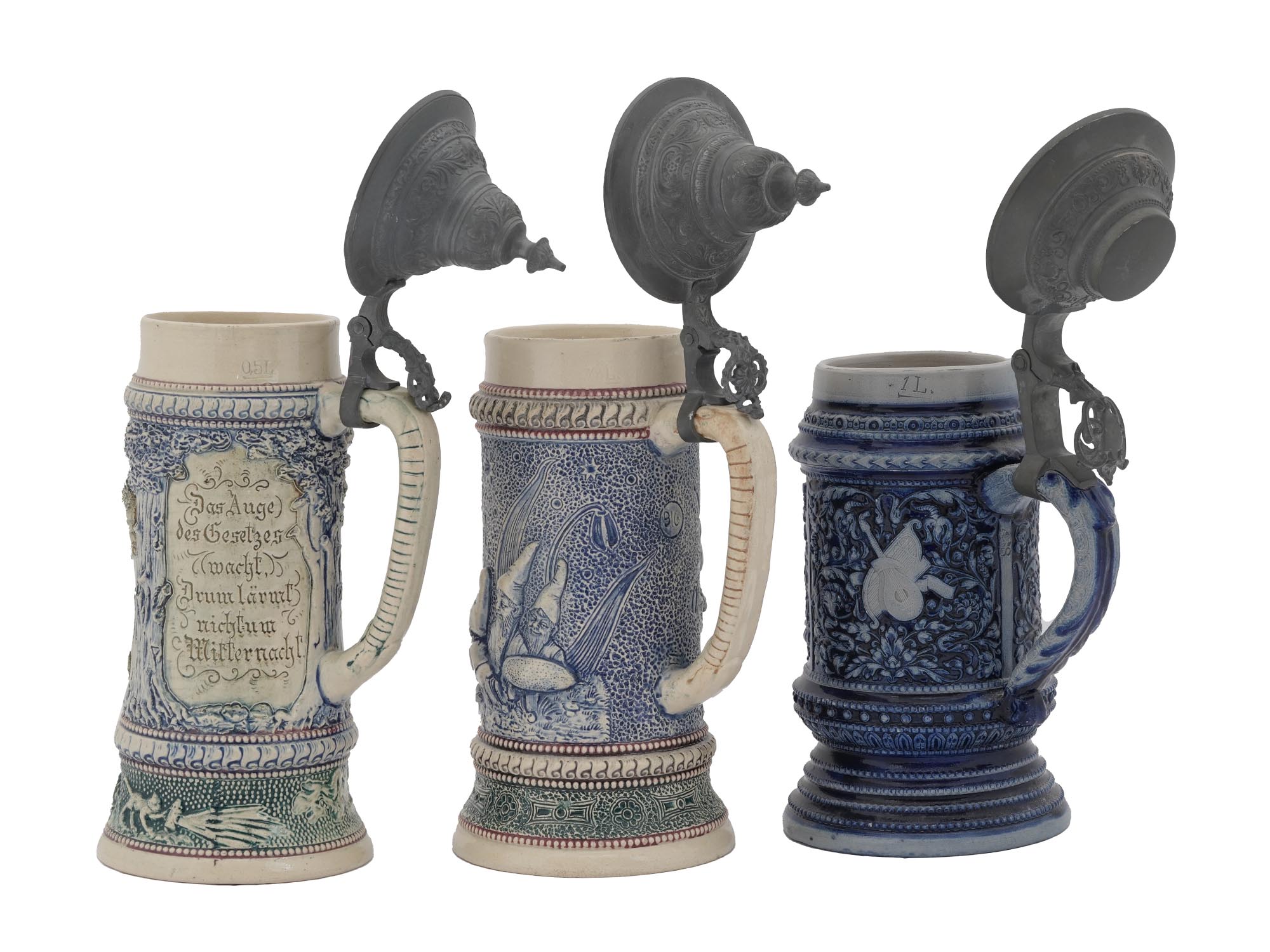 THREE MID CENT GERMAN BLUE AND WHITE BEER STEINS PIC-5