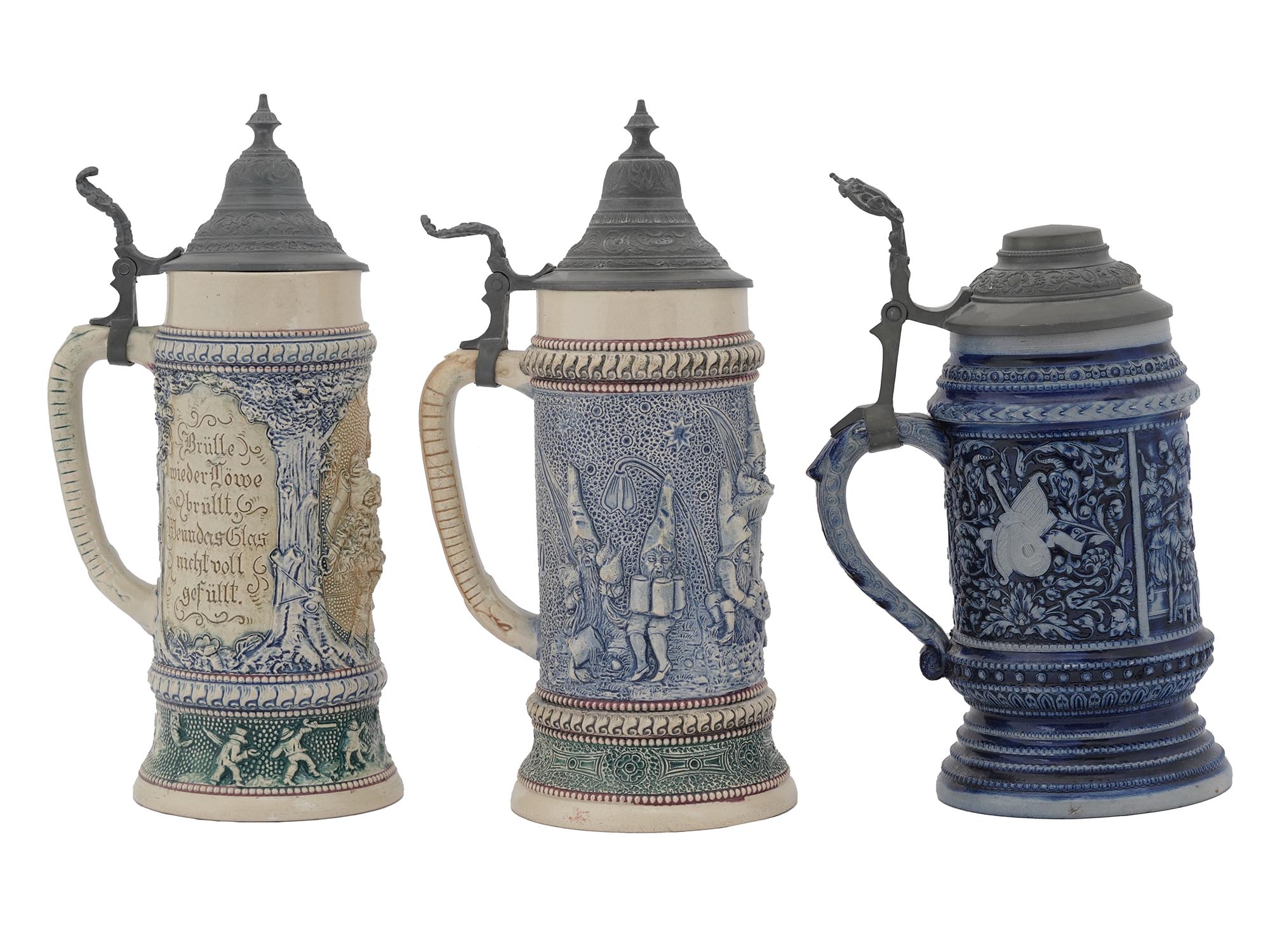 THREE MID CENT GERMAN BLUE AND WHITE BEER STEINS PIC-0