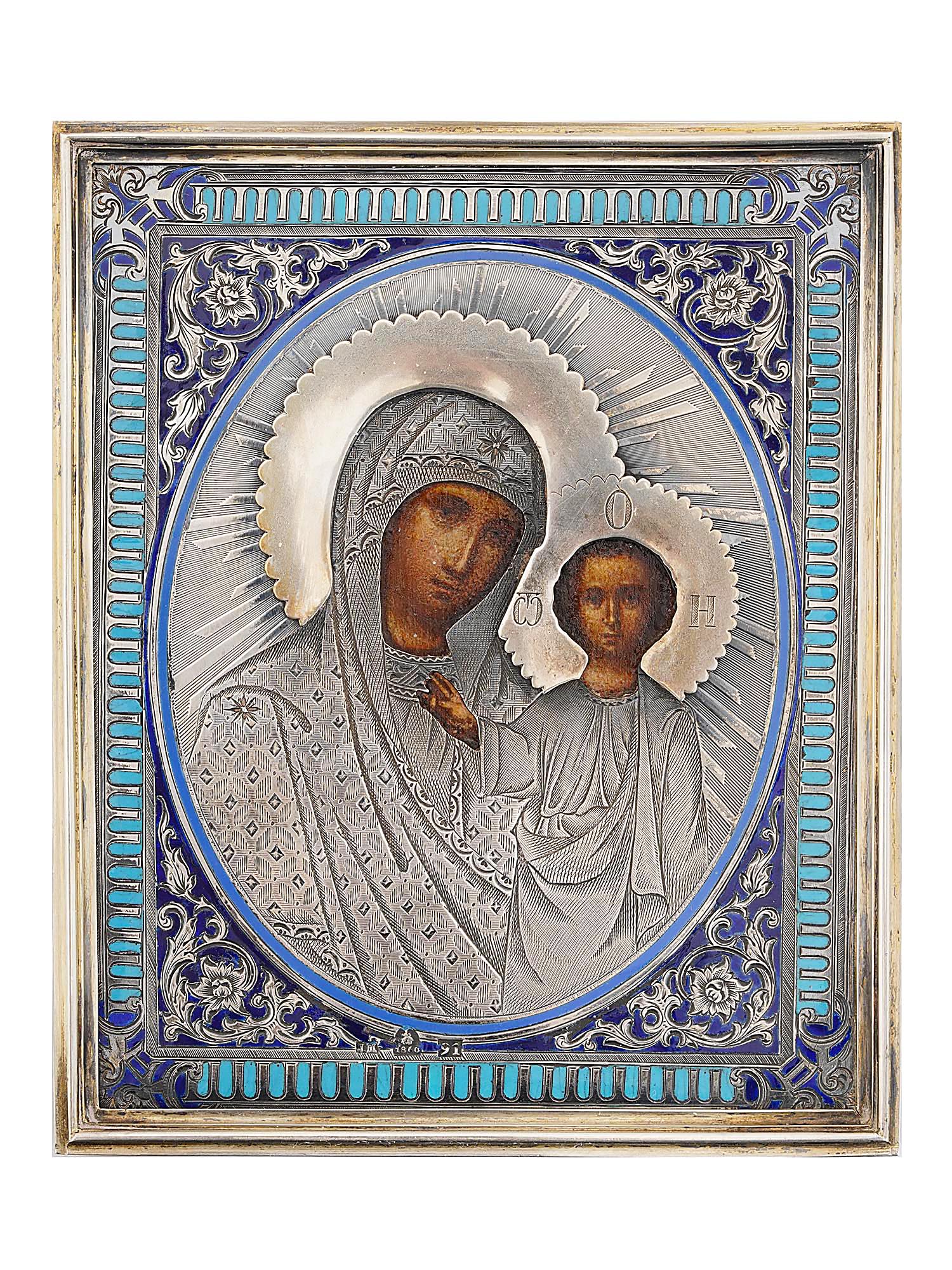 RUSSIAN 84 SILVER GILT ENAMEL ICON MOTHER OF GOD PIC-0