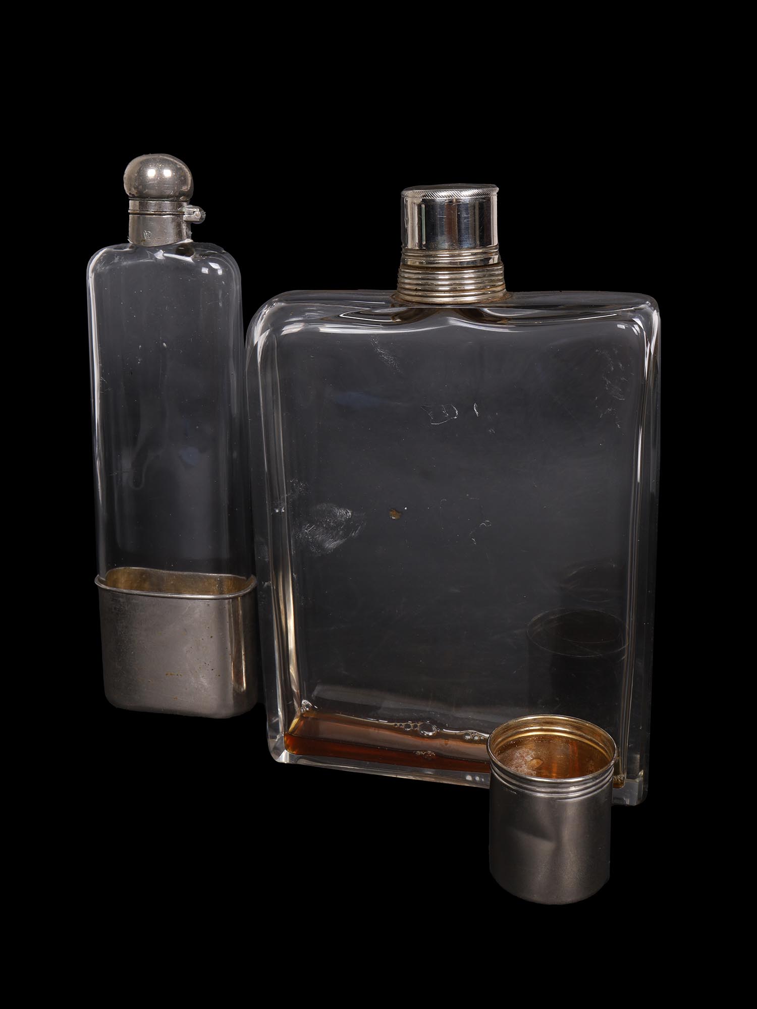 VINTAGE HAND CRAFTED GLASS WHISKY FLASKS PIC-1