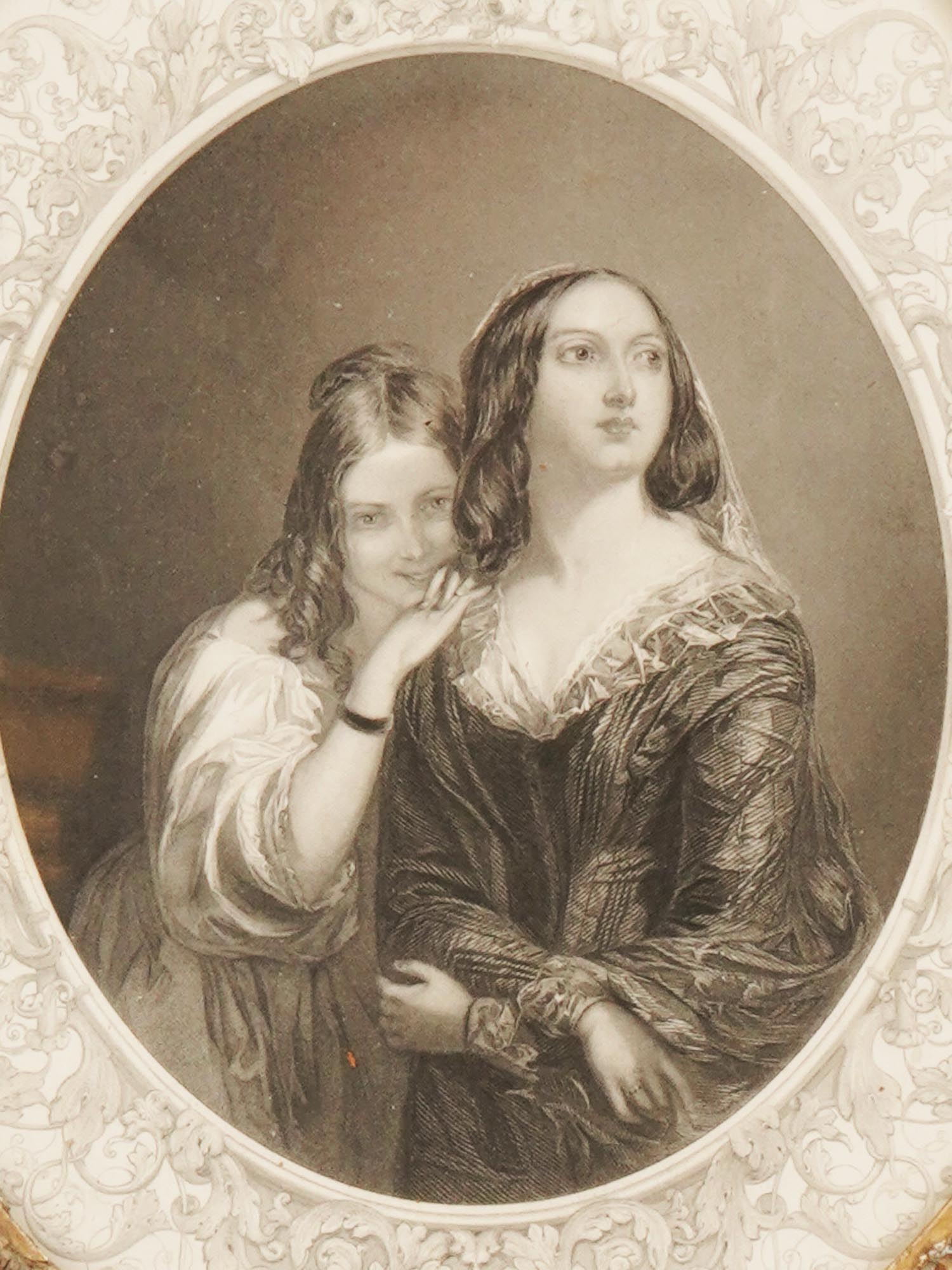 ANTIQUE OVAL TWO LADIES PORTRAIT ENGRAVING PRINT PIC-1