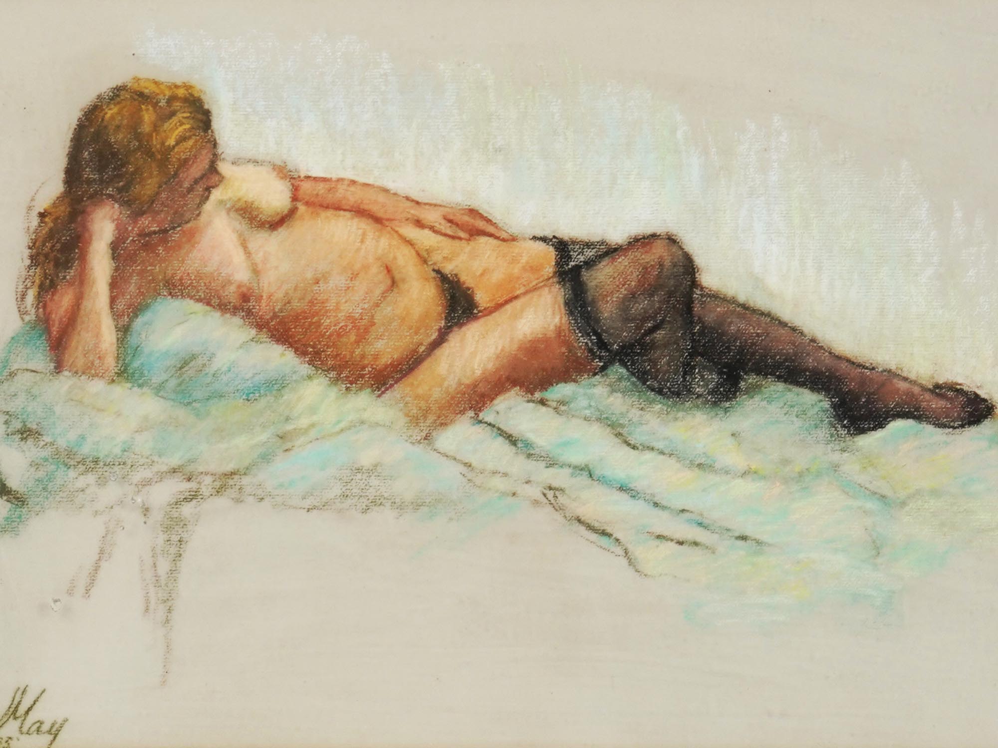 VINTAGE PASTEL NUDE WOMAN DRAWING SIGNED J. MAY PIC-1