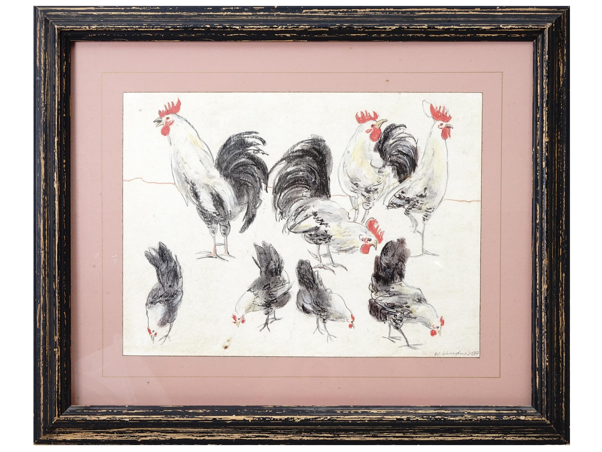 FRAMED 1990S ART PRINT OF ROOSTERS BY W. LINDNER