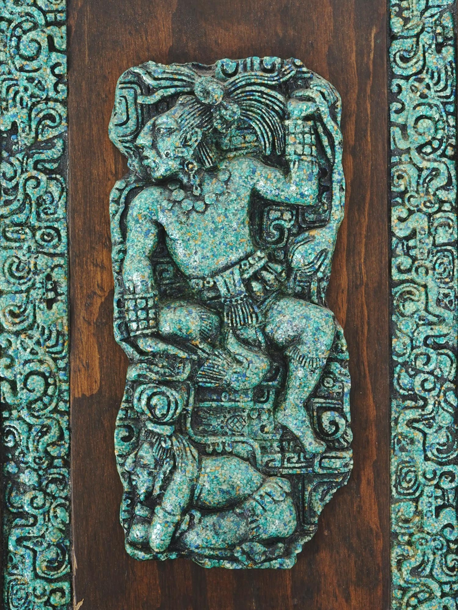 MAYAN COLORED STONE AND RESIN WOOD RELIEF PLAQUE PIC-2