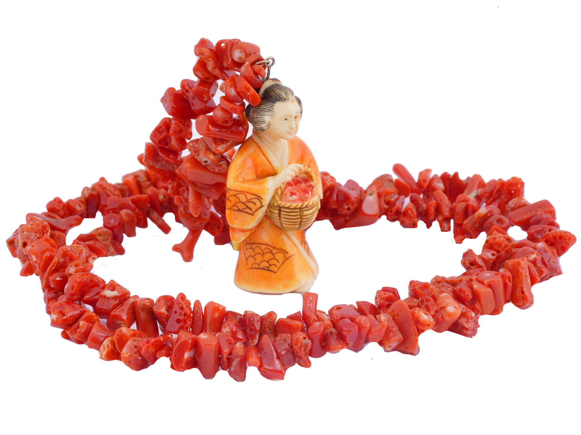 CHINESE RED CORAL NECKLACE WITH CARVED PENDANT PIC-1