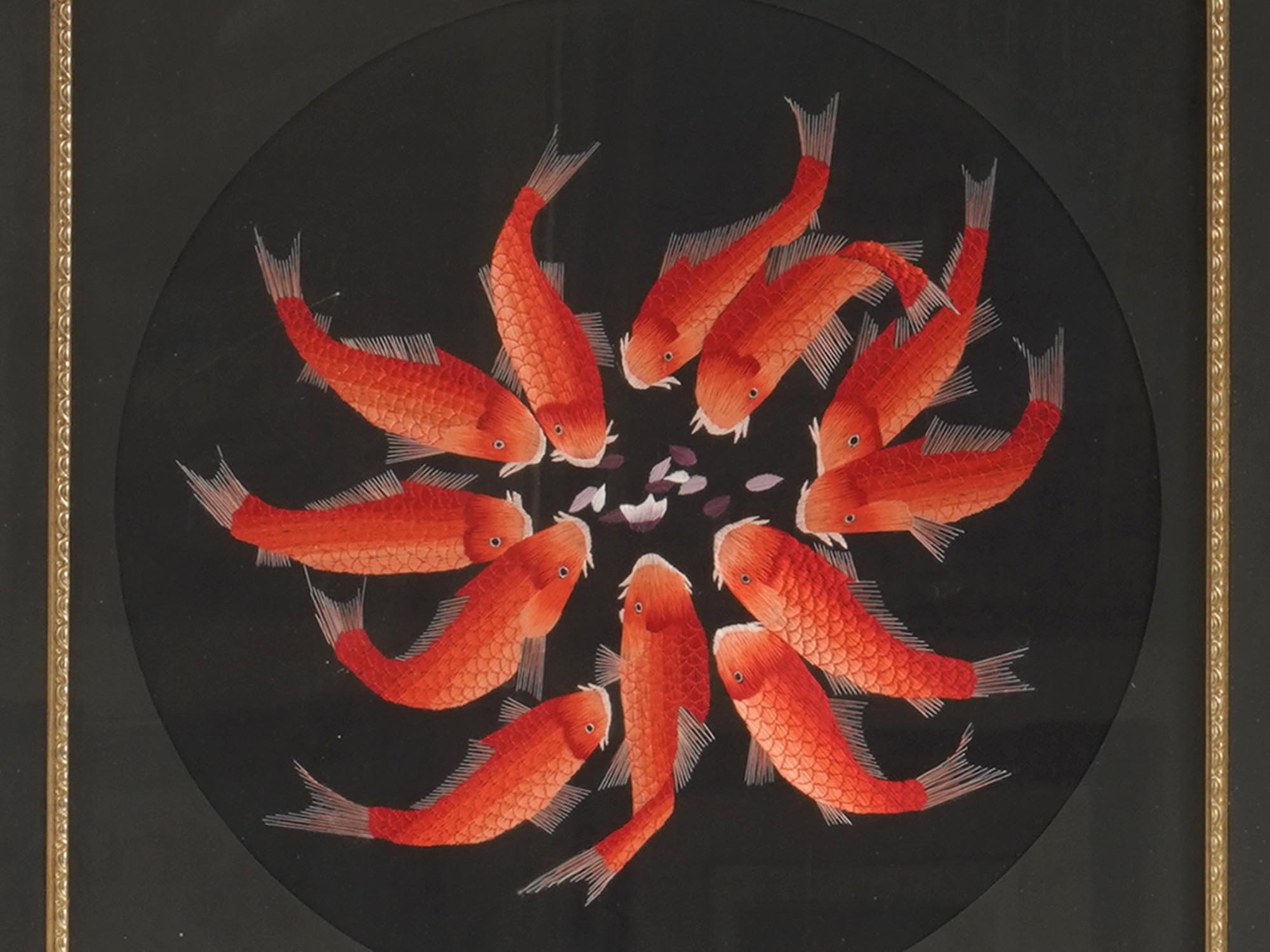 CHINESE SILK EMBROIDERY OF RED KOI CARP FISH PIC-1