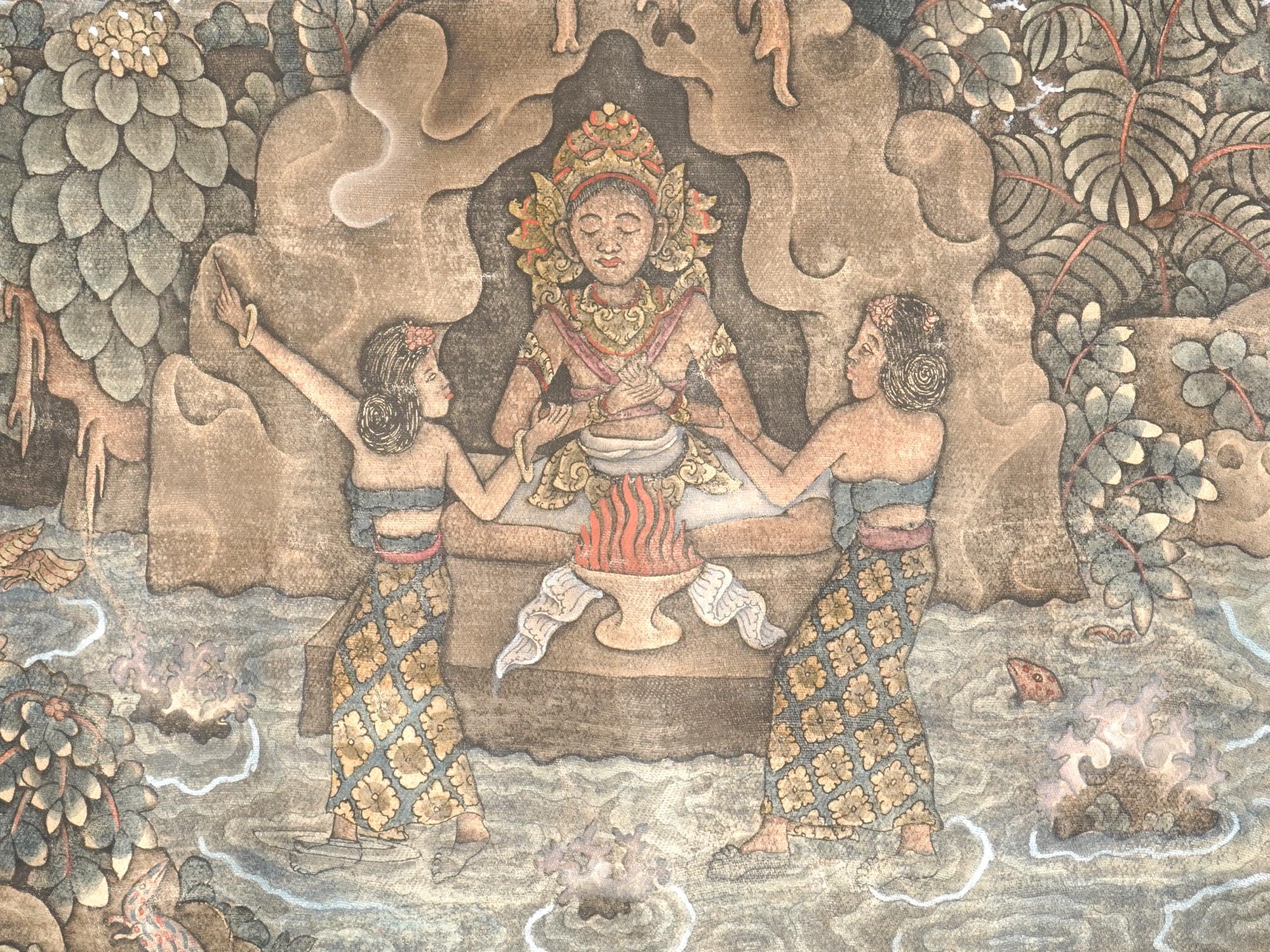 MID CENT BALINESE PAINTING ON CANVAS HINDU SHRINE PIC-2