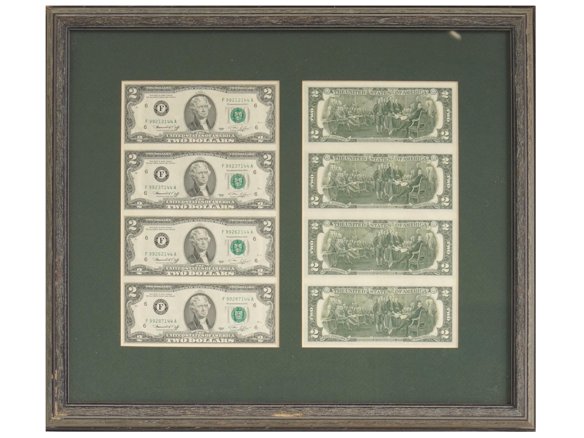 FRAMED UNCUT CURRENCY SHEETS OF US DOLLAR BILLS PIC-1