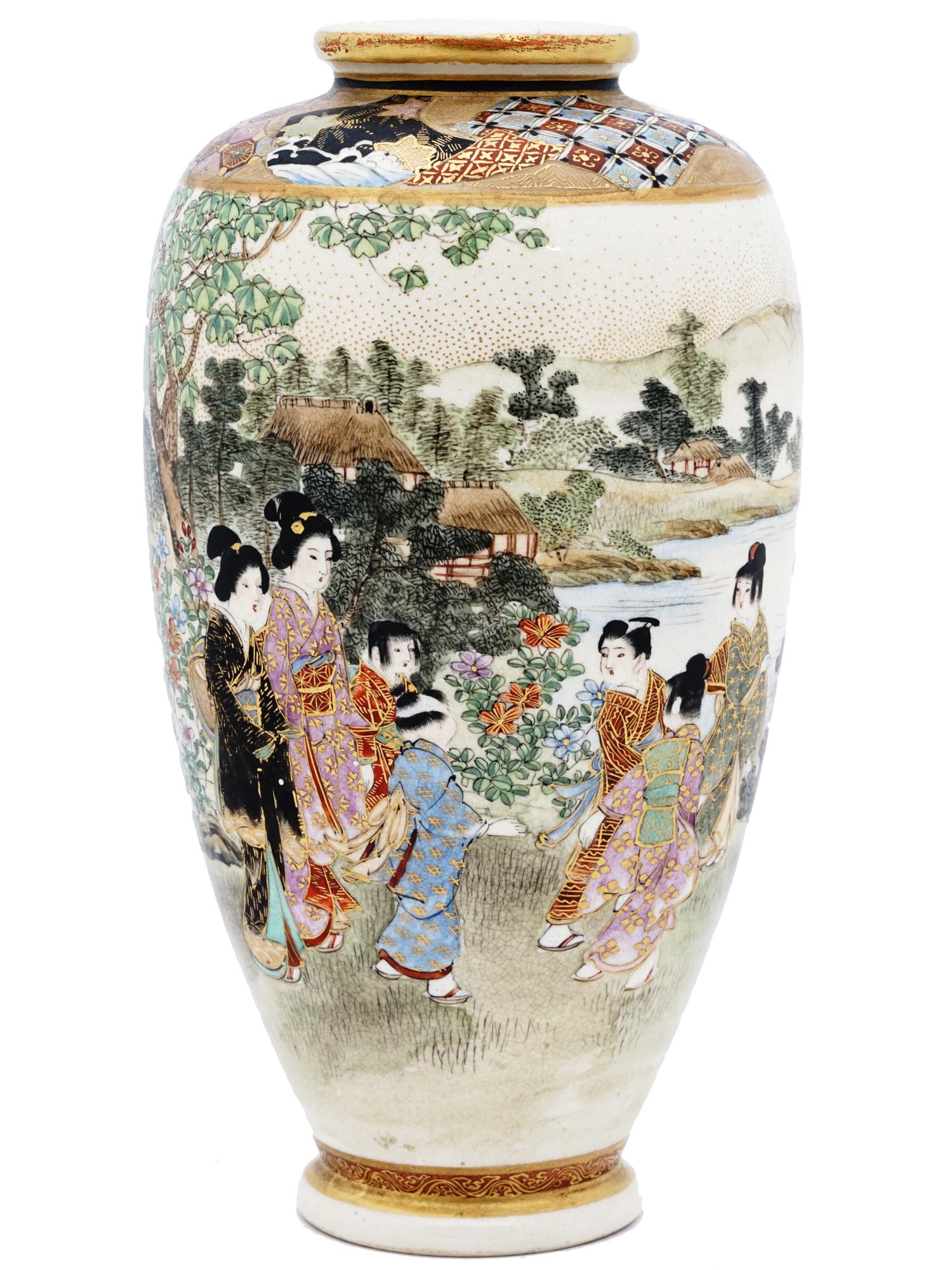 JAPANESE GILT HAND PAINTED SATSUMA PORCELAIN VASE PIC-0