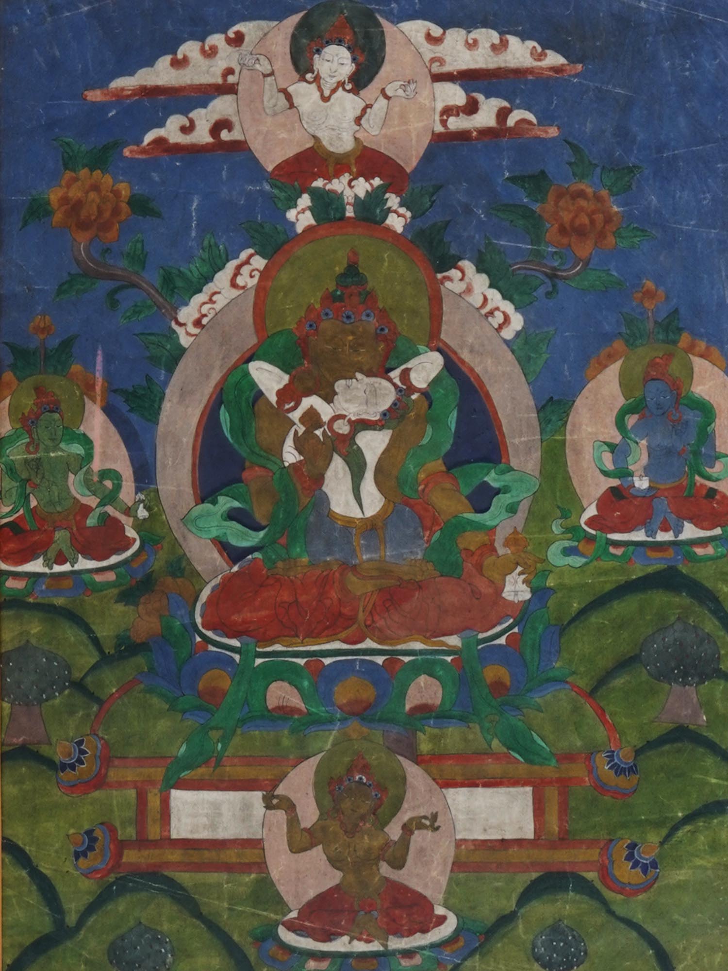 ANTIQUE TIBETAN BUDDHA W CONSORT THANGKA PAINTING PIC-1