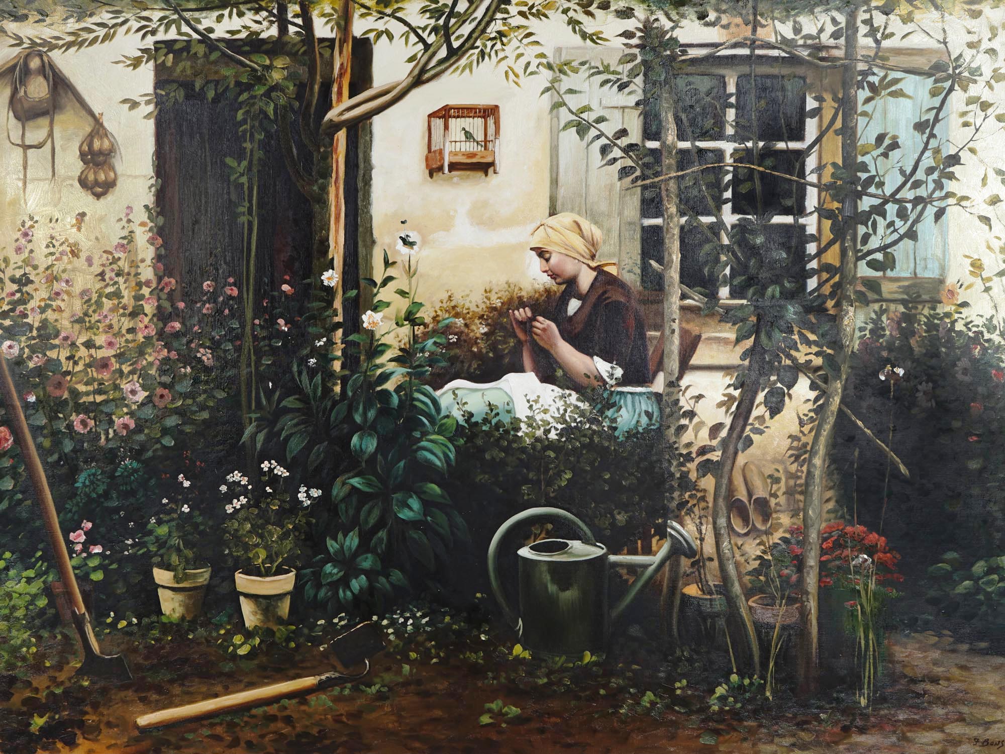 GERMAN LADY GARDEN OIL PAINTING BY FREDERICK BONS PIC-1