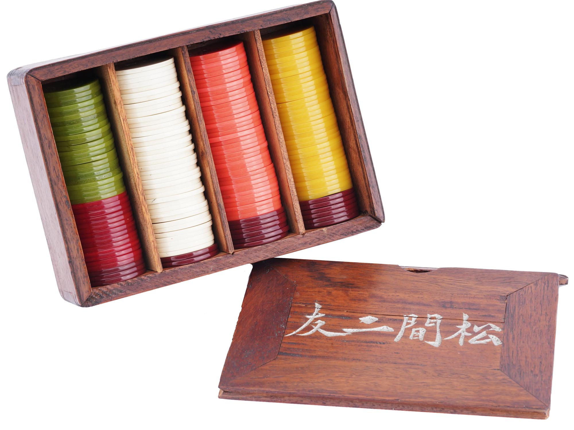 ANTIQUE CHINESE POKER CHIPS SET IN A WOODEN CASE PIC-0