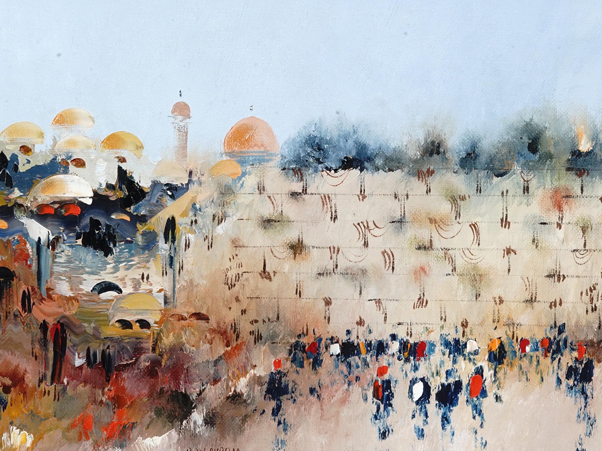 JUDAICA WAILING WALL OIL PAINTING BY BEN AVRAM PIC-1