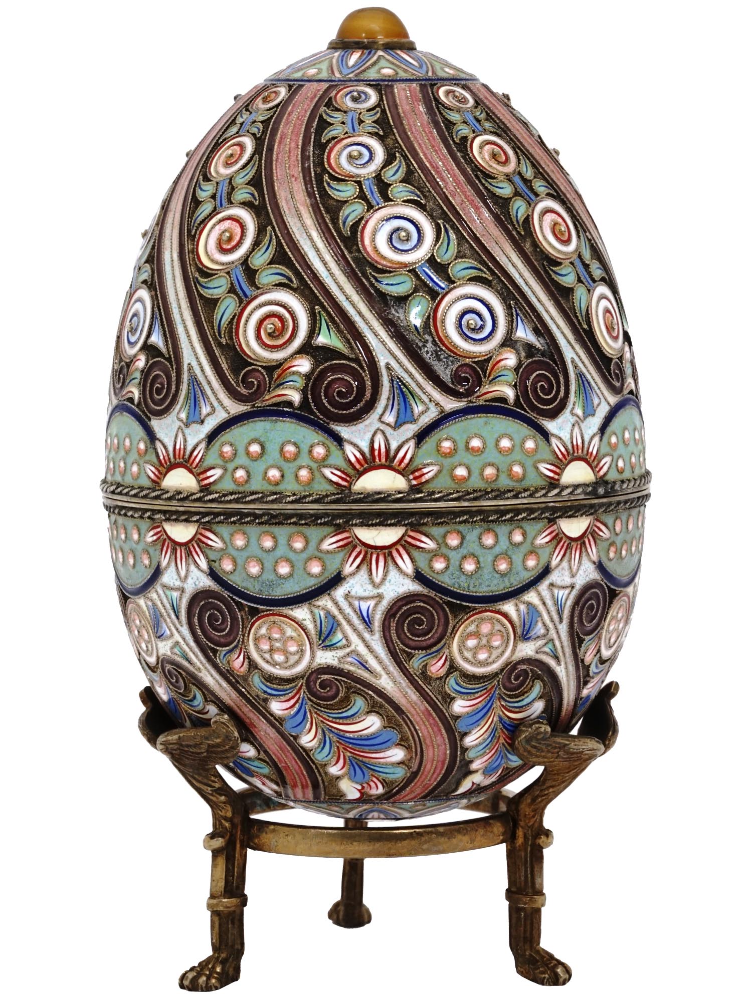 RUSSIAN SILVER ENAMEL EASTER EGG WITH A STAND PIC-0