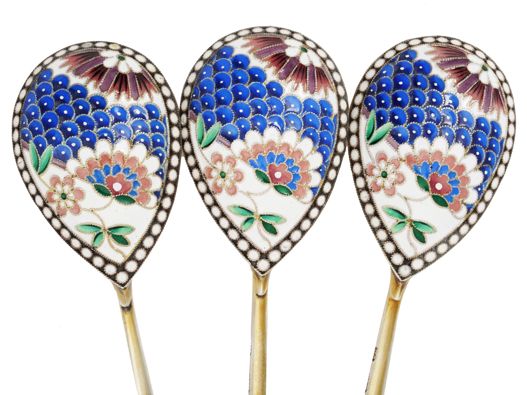 RUSSIAN GILT SILVER CLOISONNE ENAMEL TEA SPOONS PIC-2